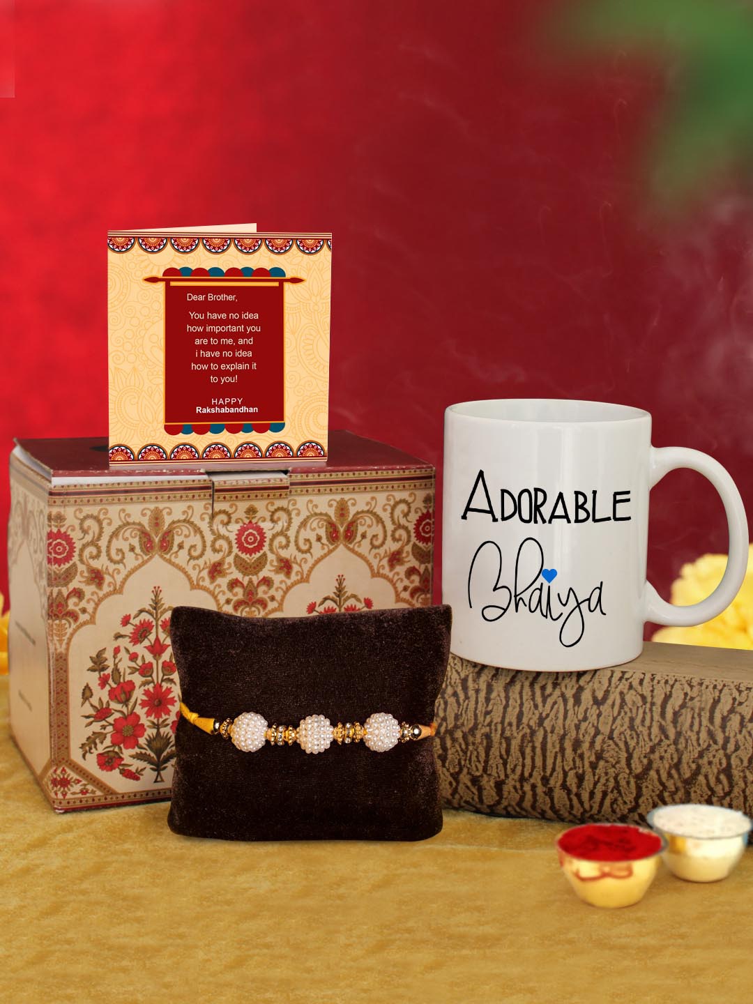 

TIED RIBBONS White & Red Rakhi with Coffee Mug & Greeting Card Combo Gift Set