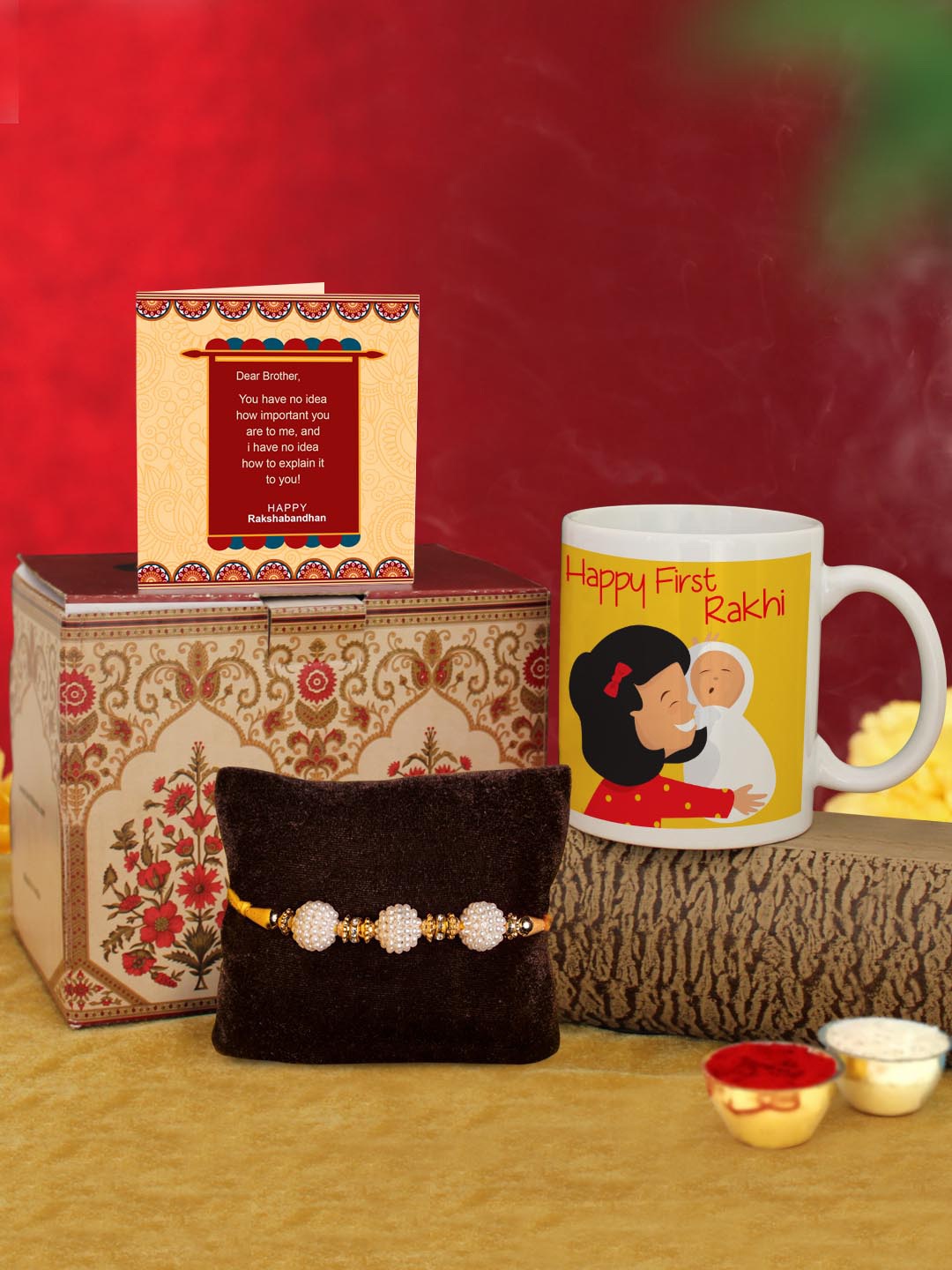 

TIED RIBBONS White & Red Rakhi with Coffee Mug & Greeting Card Combo Gift Set