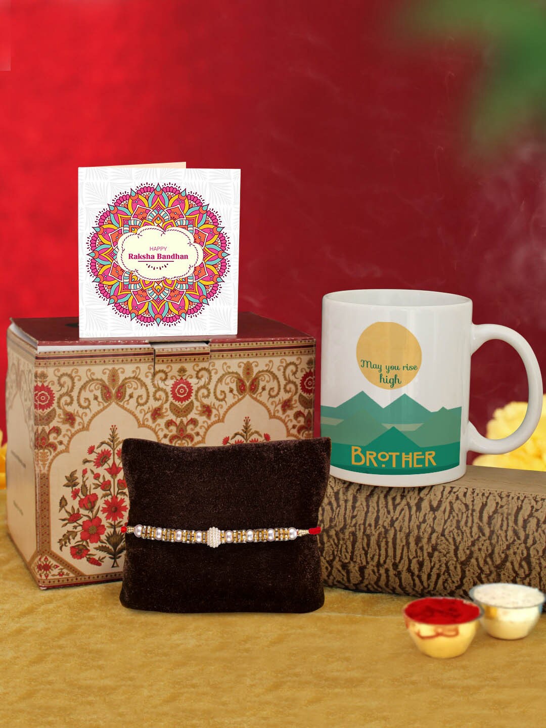 

TIED RIBBONS White & Red Rakhi with Coffee Mug & Greeting Card Combo Gift Set