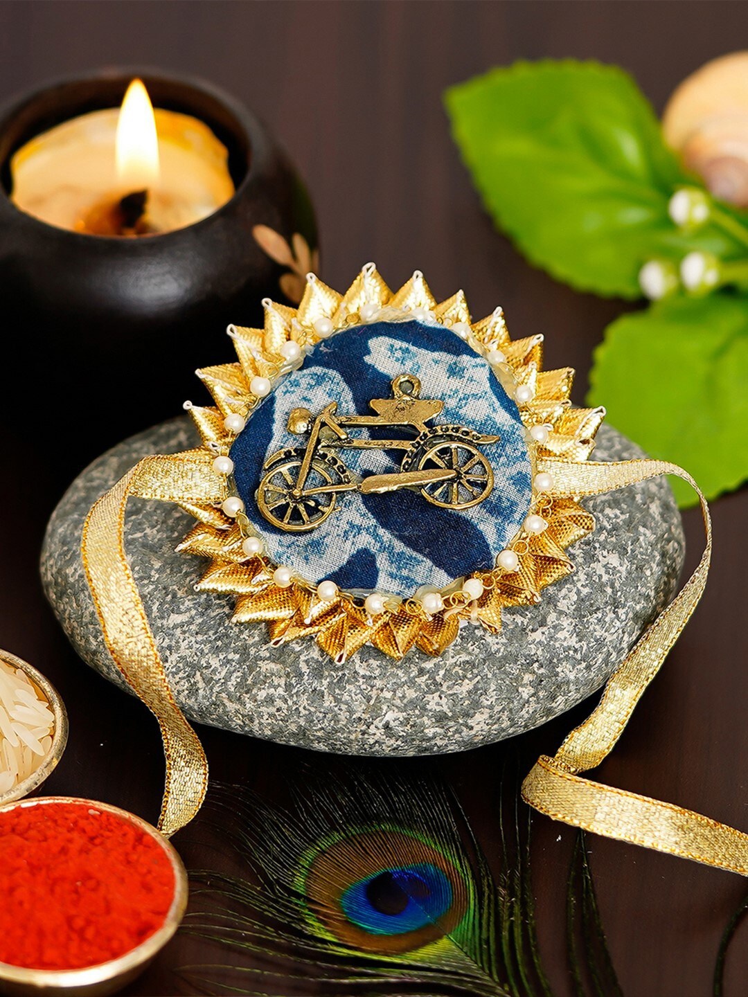 

eCraftIndia Blue & Gold-Toned Designer Gotta Patti Rakhi and Roli Chawal Set