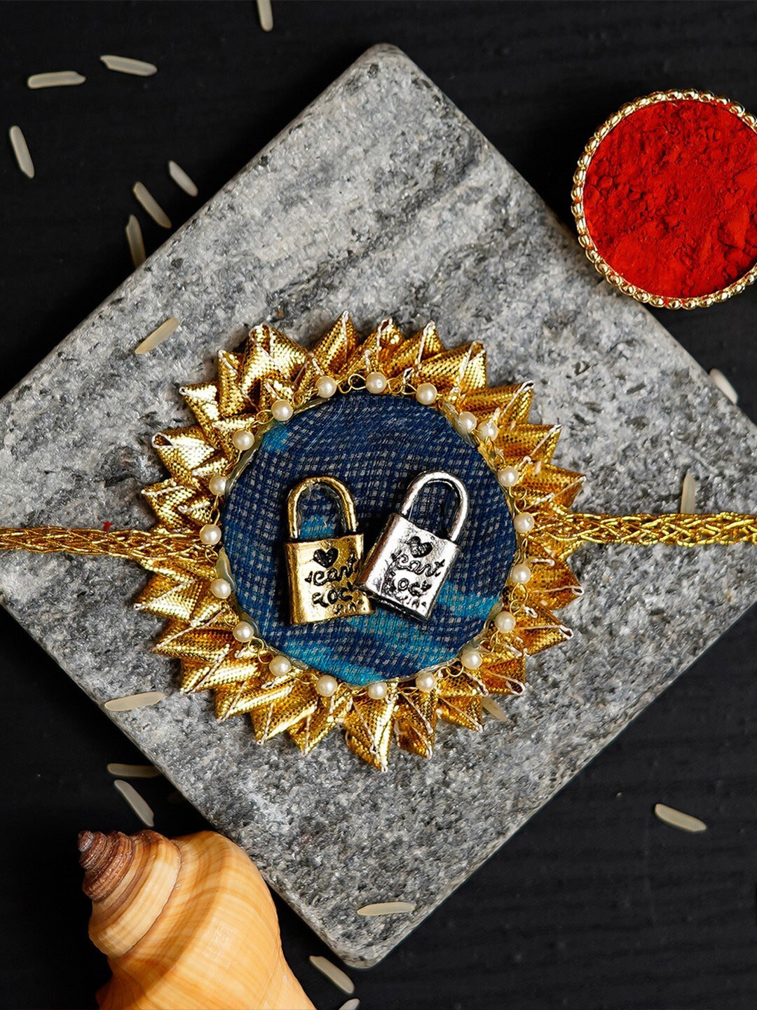 

eCraftIndia Blue & Gold-Toned Designer Gotta Patti Rakhi and Roli Chawal Set