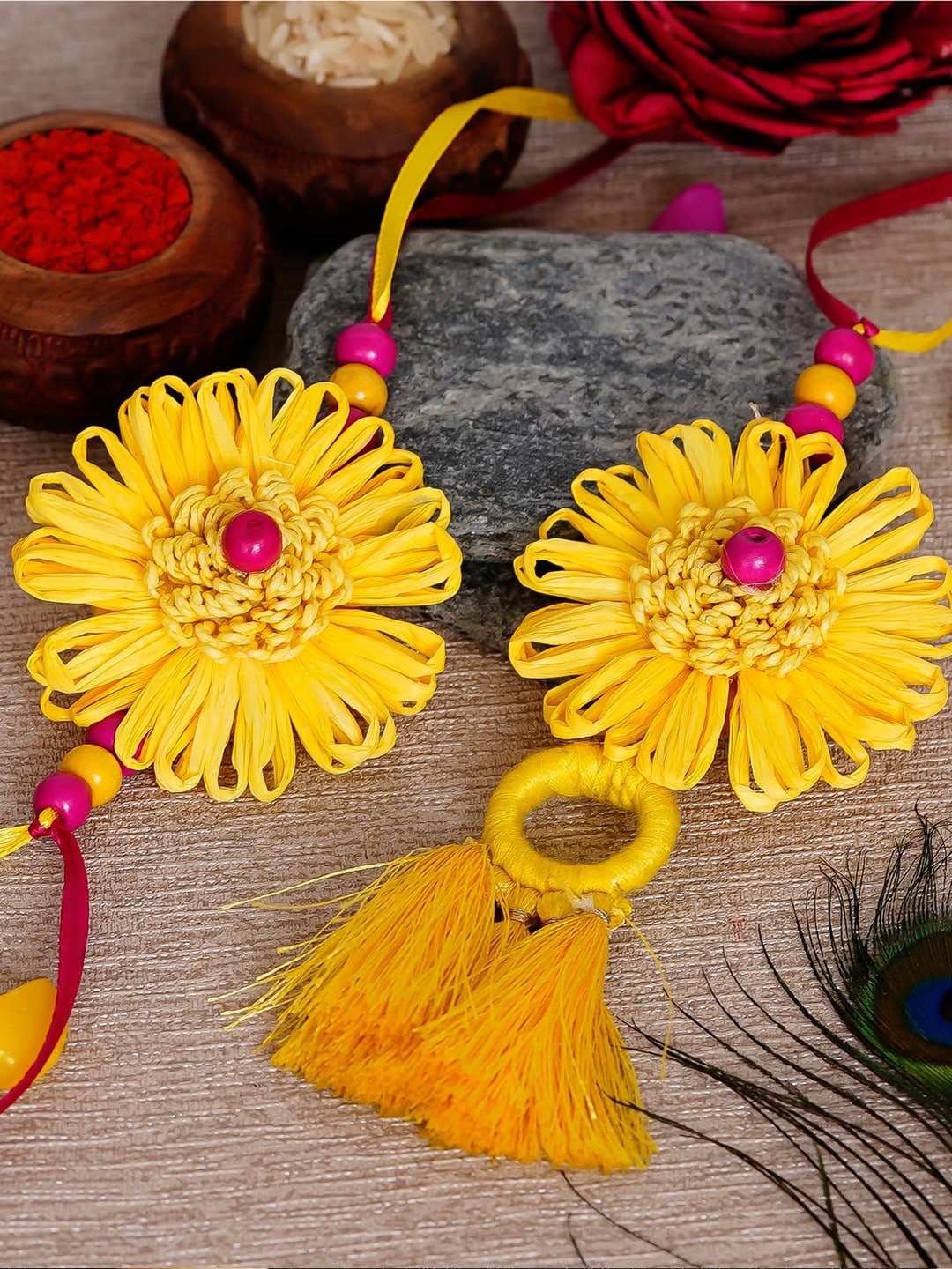 

eCraftIndia Set of 2 Yellow Bhaiya Bhabhi Sunflower Design Rakhi with Roli Chawal