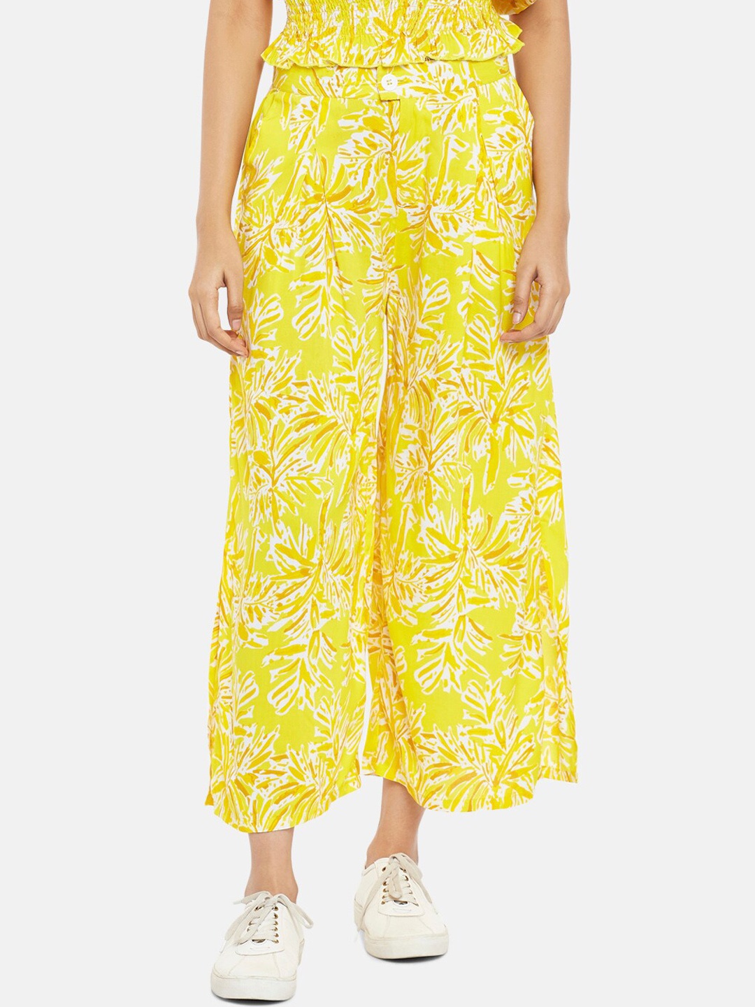 

People Women Yellow Floral Printed High-Rise Pleated Parallel Trousers