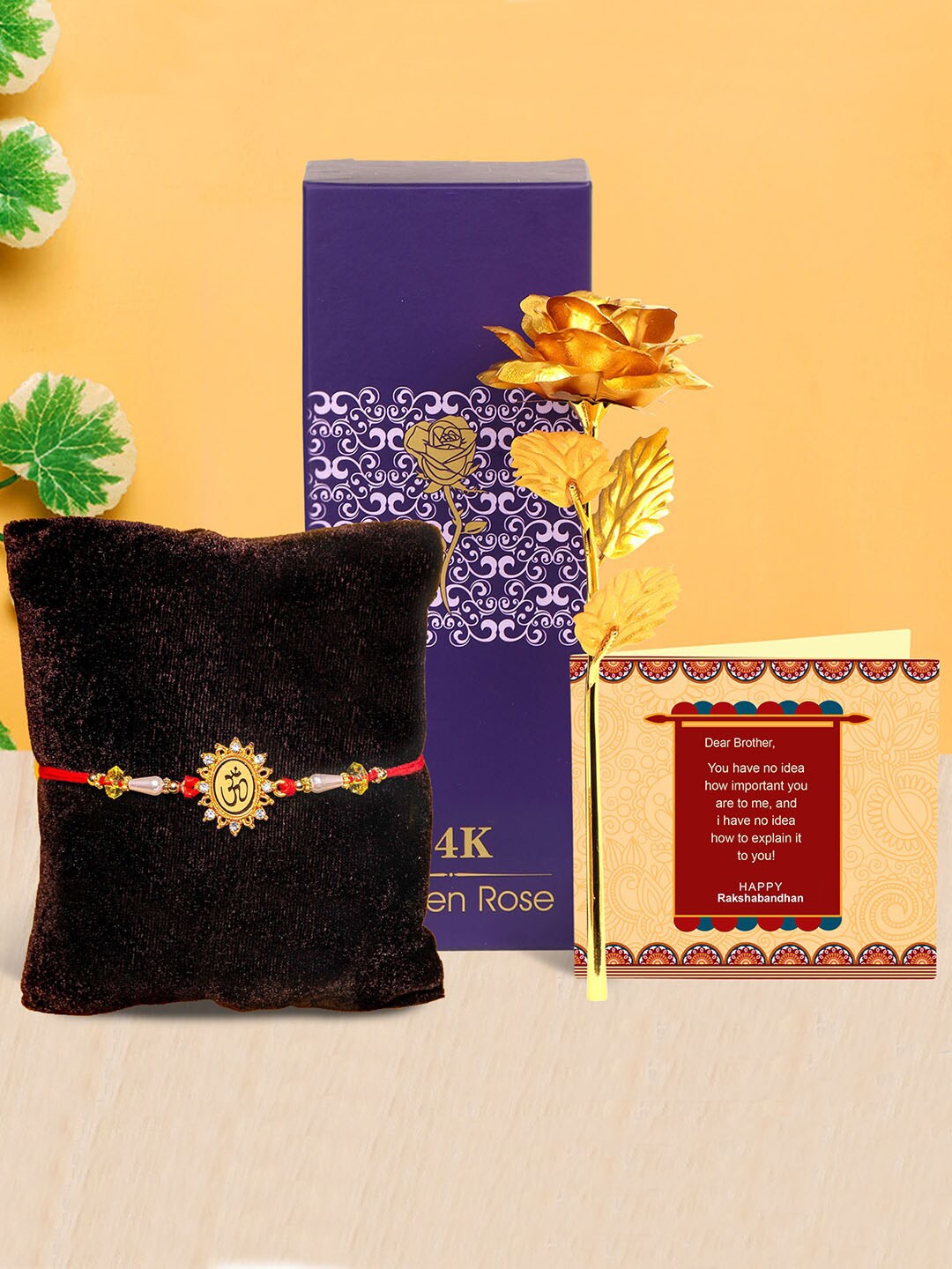 

TIED RIBBONS Multicoloured Rakhi with Golden Rose & Mini Card Combo Set, Multi