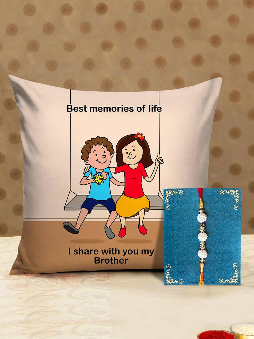 

TIED RIBBONS Multicoloured Designer Rakhi with Printed Cushion & Roli Chawal Combo Pack, Multi
