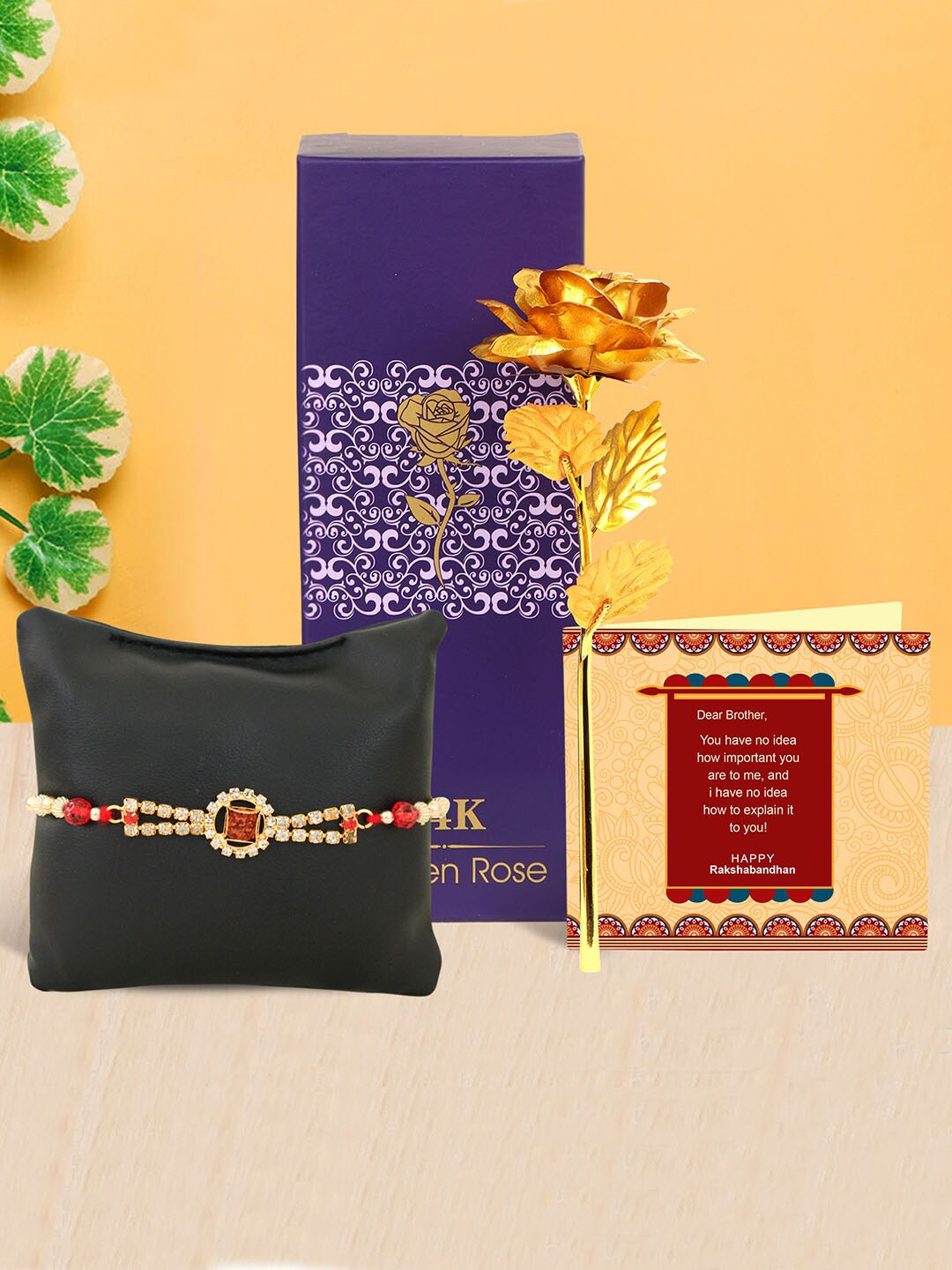 

TIED RIBBONS Multicoloured Rakhi with Golden Rose & Mini Card Combo Set, Multi