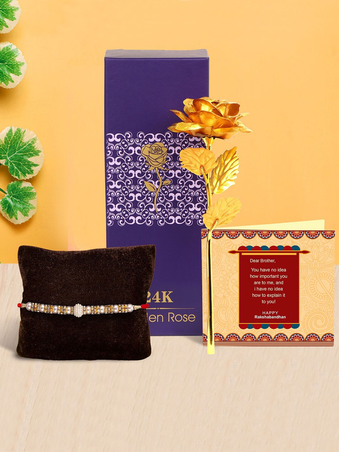 

TIED RIBBONS Multicoloured Rakhi with Golden Rose & Mini Card Combo Set, Multi