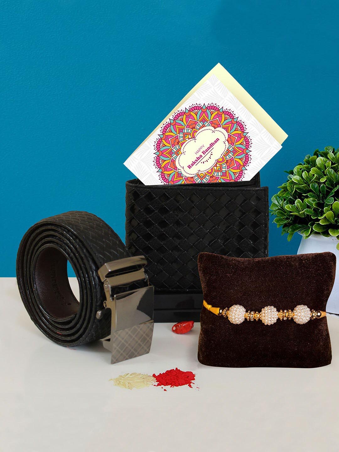 

TIED RIBBONS Gold-Toned Designer Rakhi with Belt, Wallet & Card Gift Pack