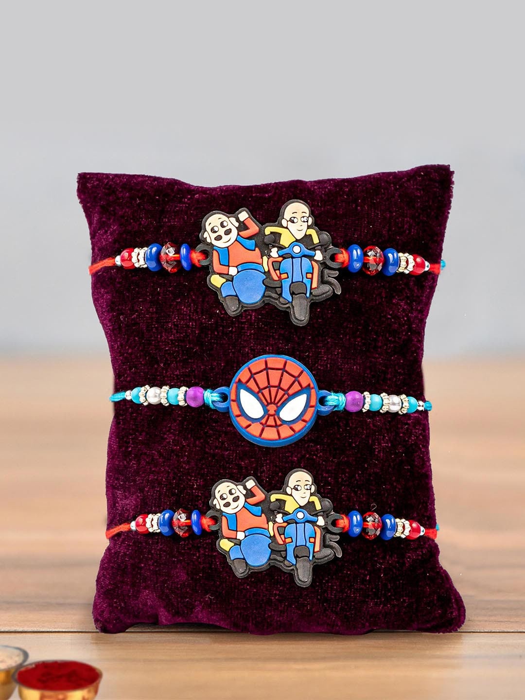 

TIED RIBBONS Set of 3 Boys Kids Spiderman & Motu Patlu Rakhi with Roli Chawal, Multi