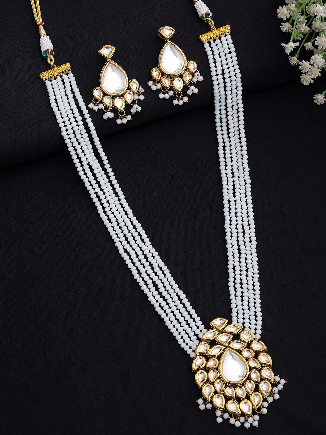 

Ruby Raang Womens White Alloy Gold-Plated Kundan Handcrafted Necklace & Earrings