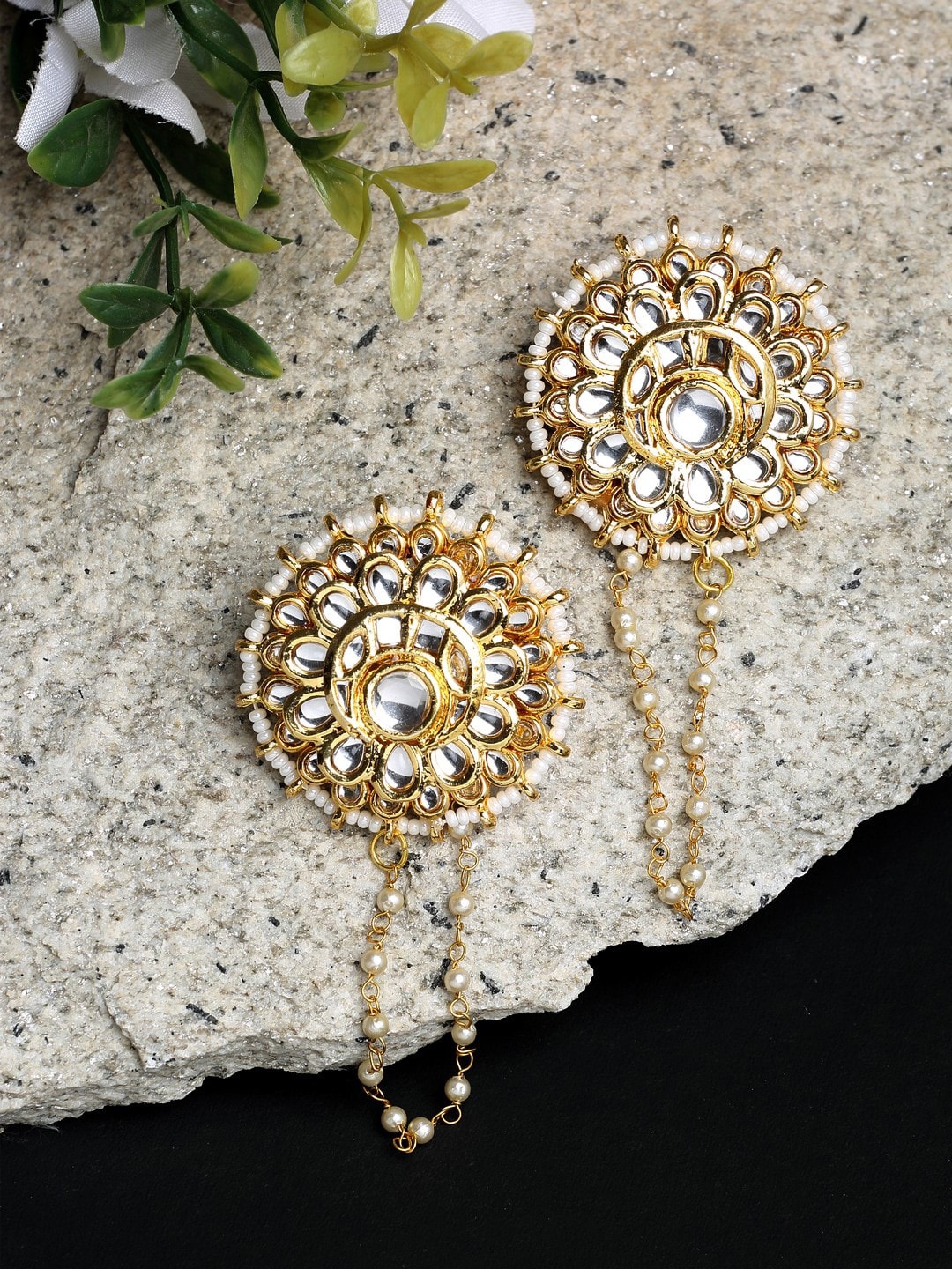 

Ruby Raang Gold-Toned & Gold-Plated Circular Shaped Studs Earrings with Earchain