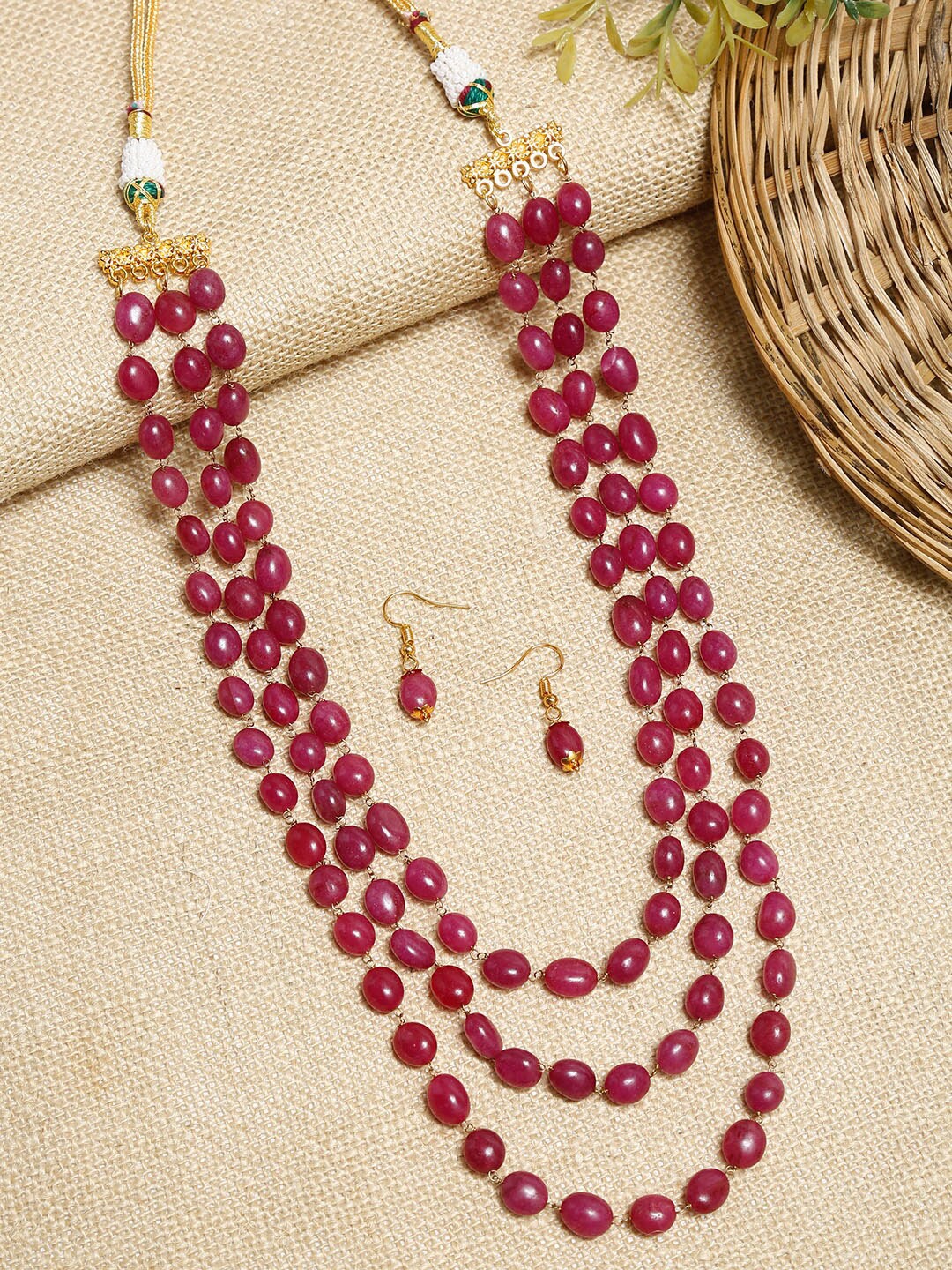 

Ruby Raang Maroon Kundan Studded Layered Neckpiece with Earrings