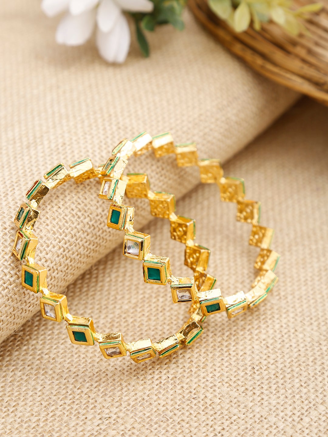 

Ruby Raang Women Set of 2 Gold Toned & Green Gold Plated Handcrafted Bangle