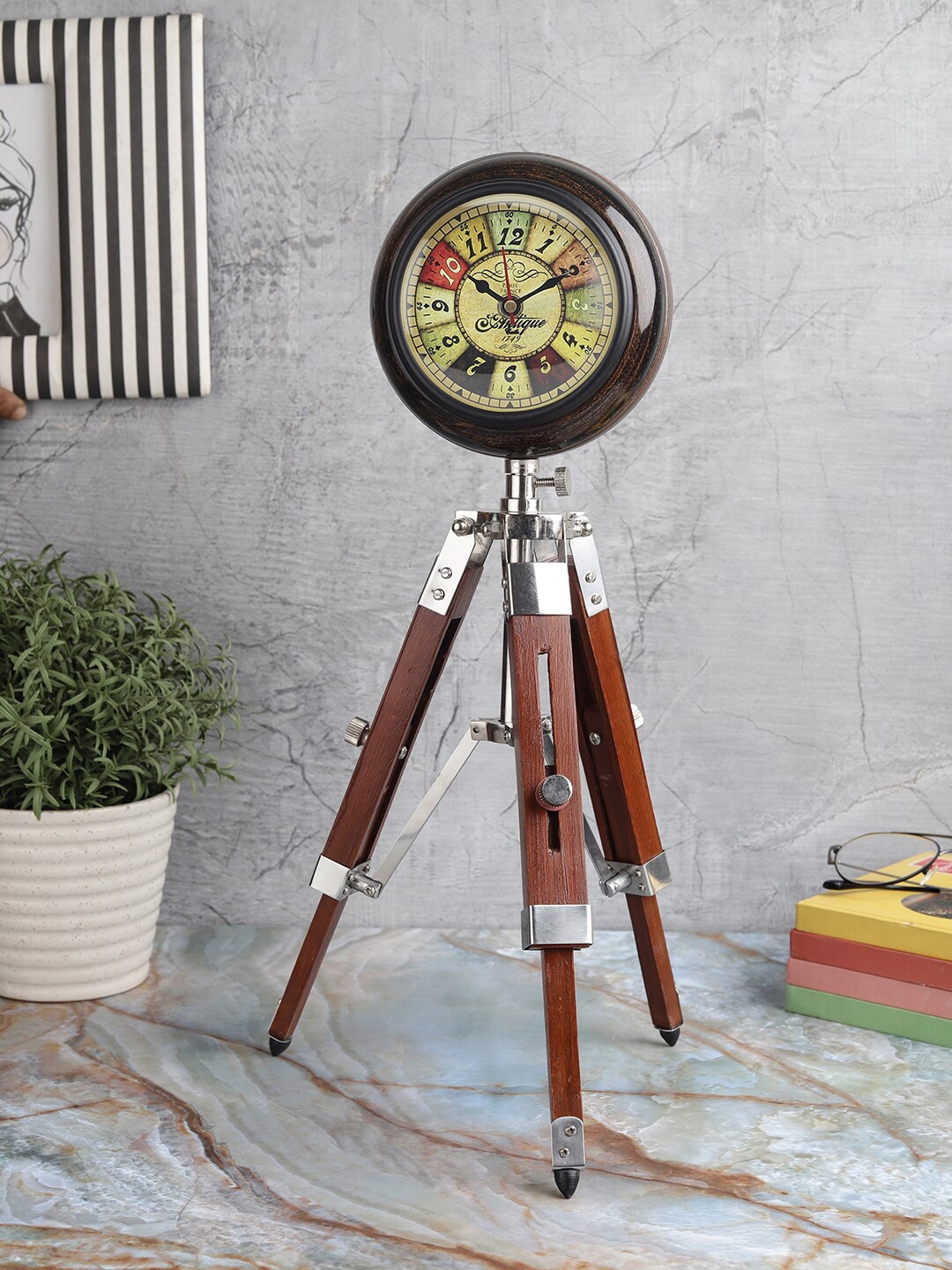 

EXIM DECOR Brown Wooden Numeral Dial Table Clock with Wooden Tripod Stand