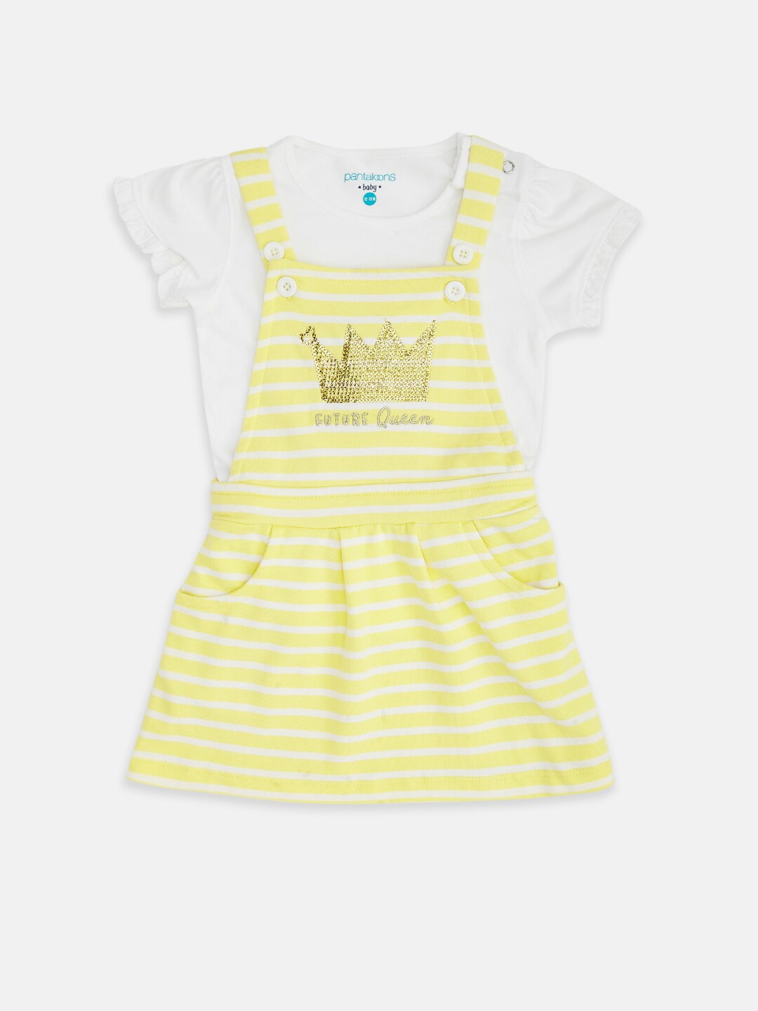 

Pantaloons Baby Girls Yellow & White Pure Cotton Dungarees With T-shirt