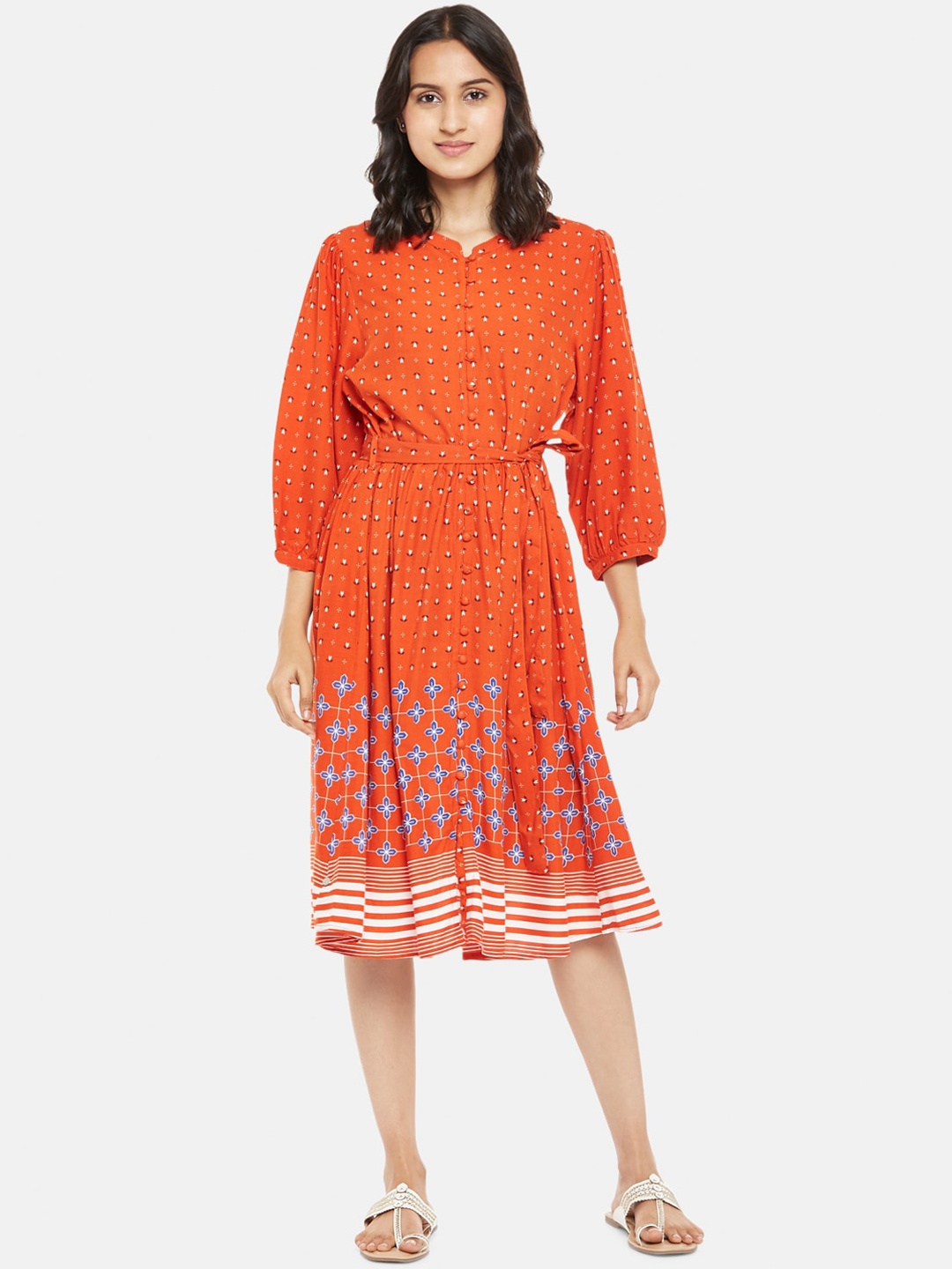 

People Women Orange & White Ethnic Motif Midi Dress
