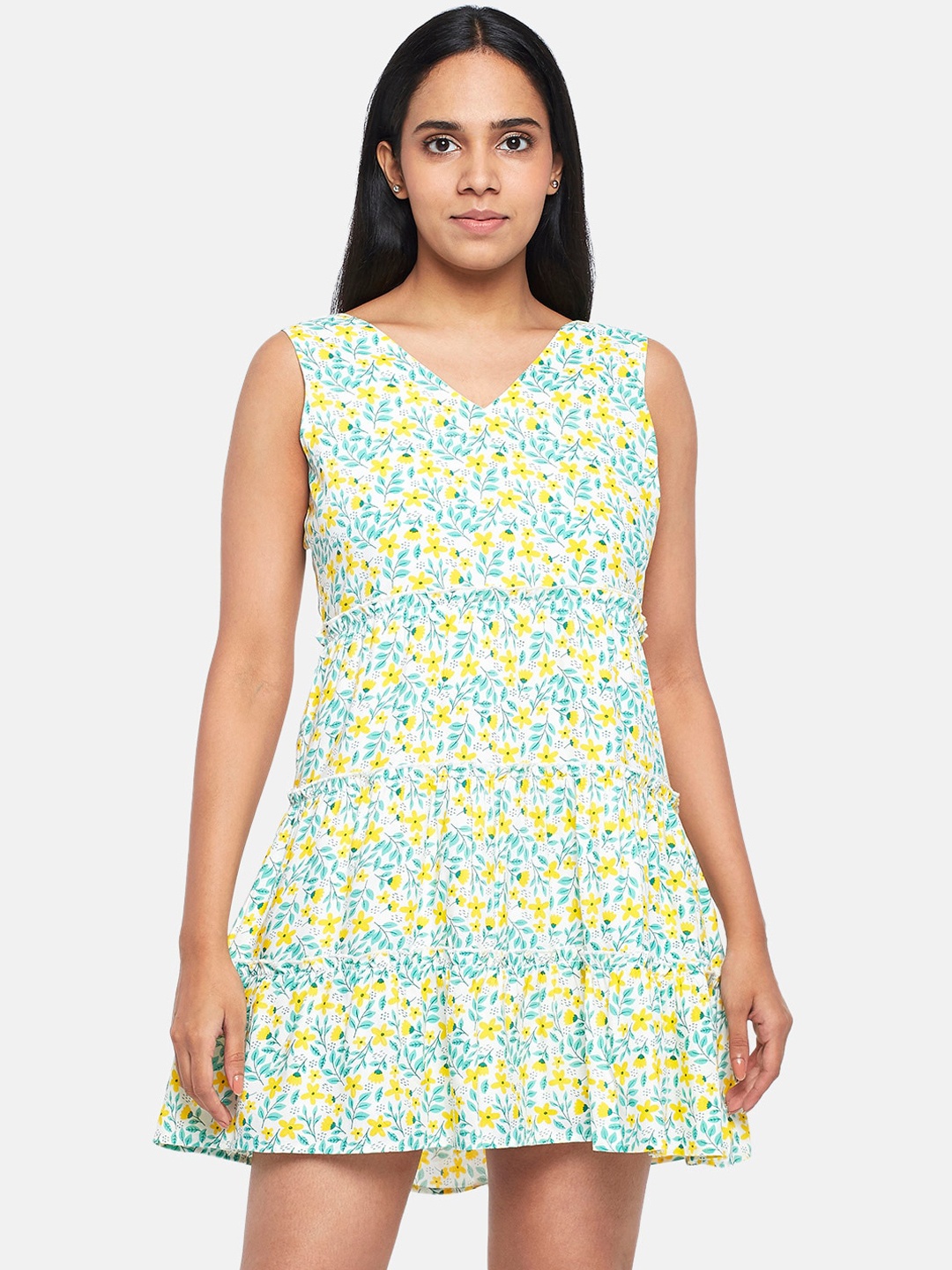 

People Women White & Yellow Floral Tiered Dress