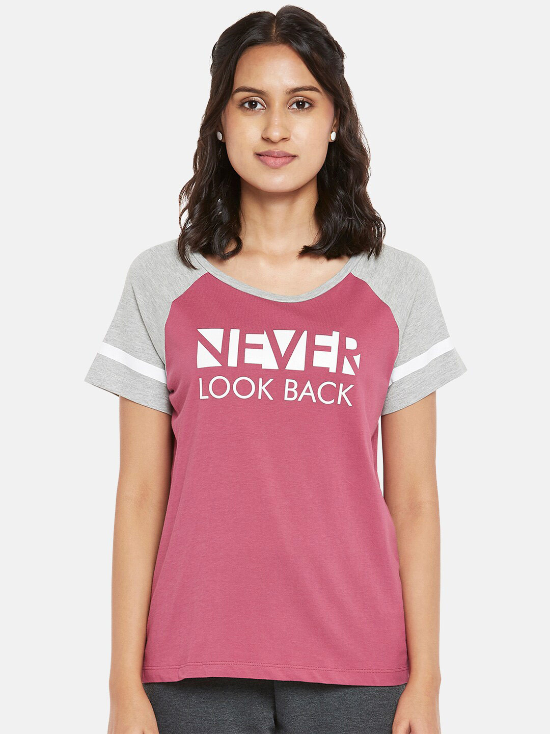 

Ajile by Pantaloons Women Pink & Grey Typography Printed Regular Top