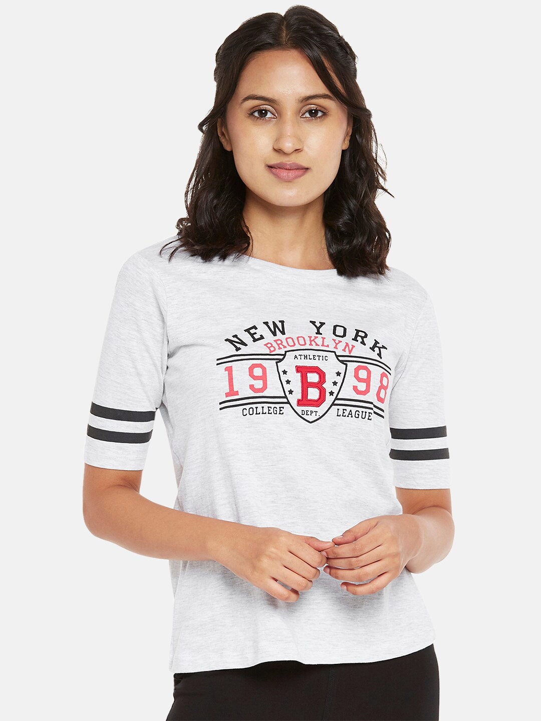 

Ajile by Pantaloons Women Grey Melange and Black Typography Printed Regular Top