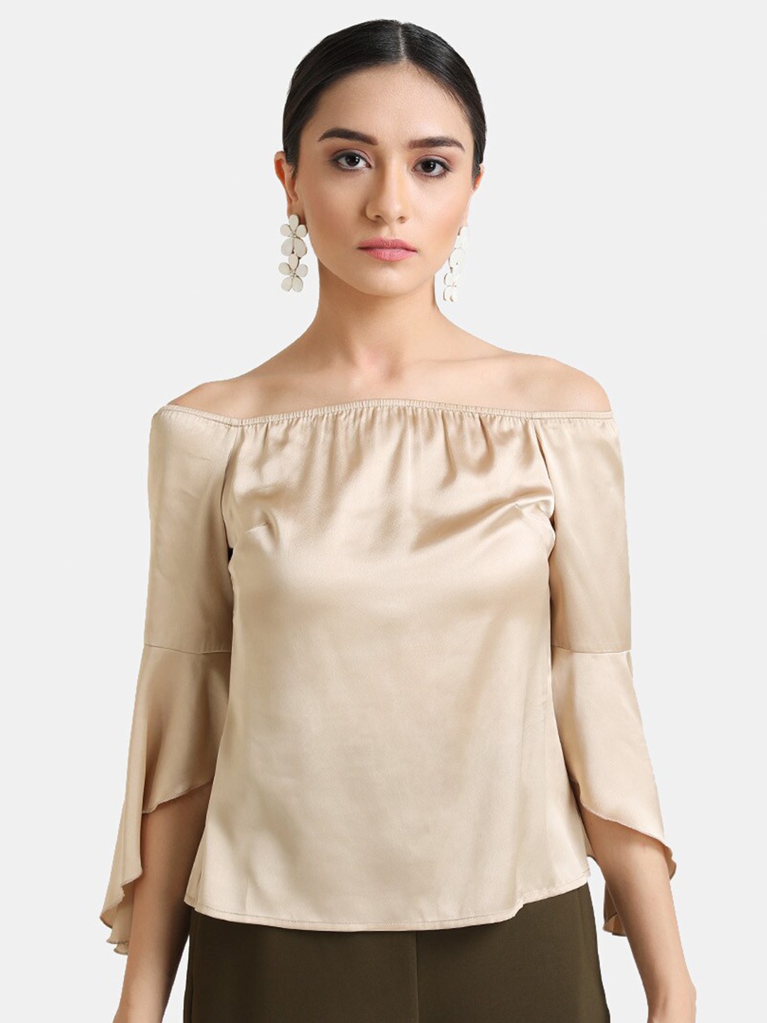 

Kazo Women Beige Off-Shoulder Bell Sleeve Satin Bardot Top