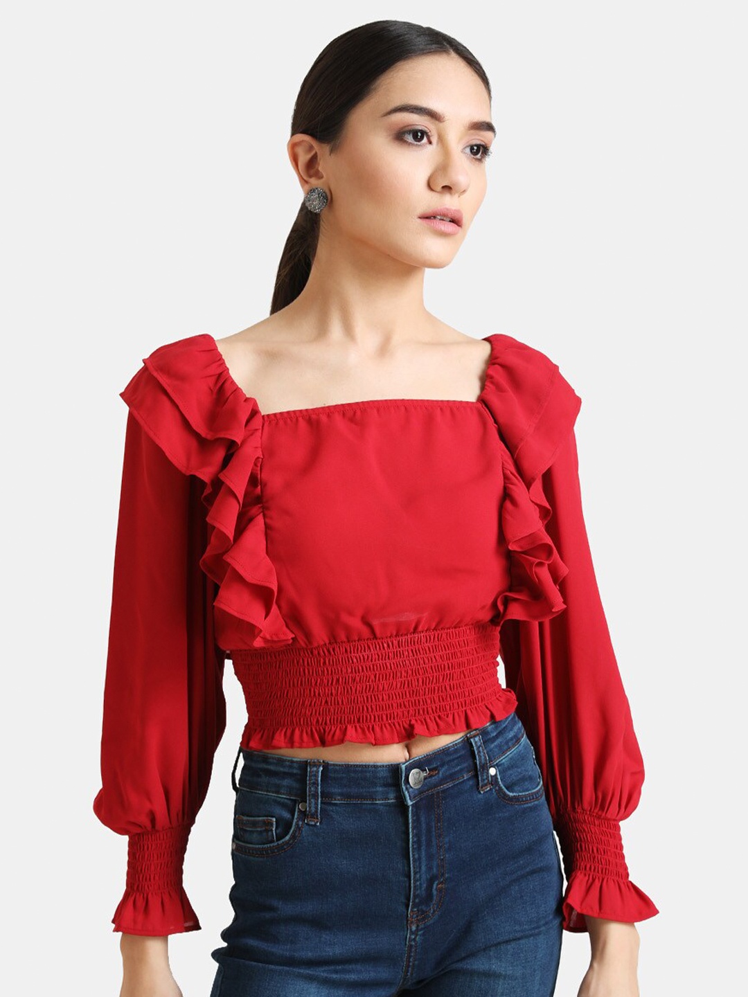 

Kazo Women Red Puff Sleeve Blouson Crop Top