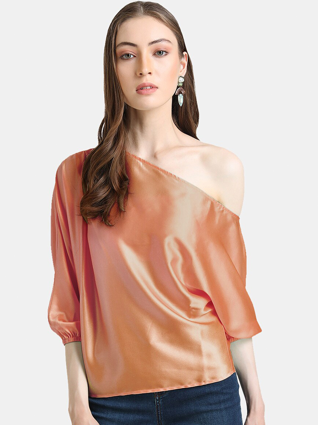 

Kazo Women Orange One Shoulder Batwing Sleeve Satin Top