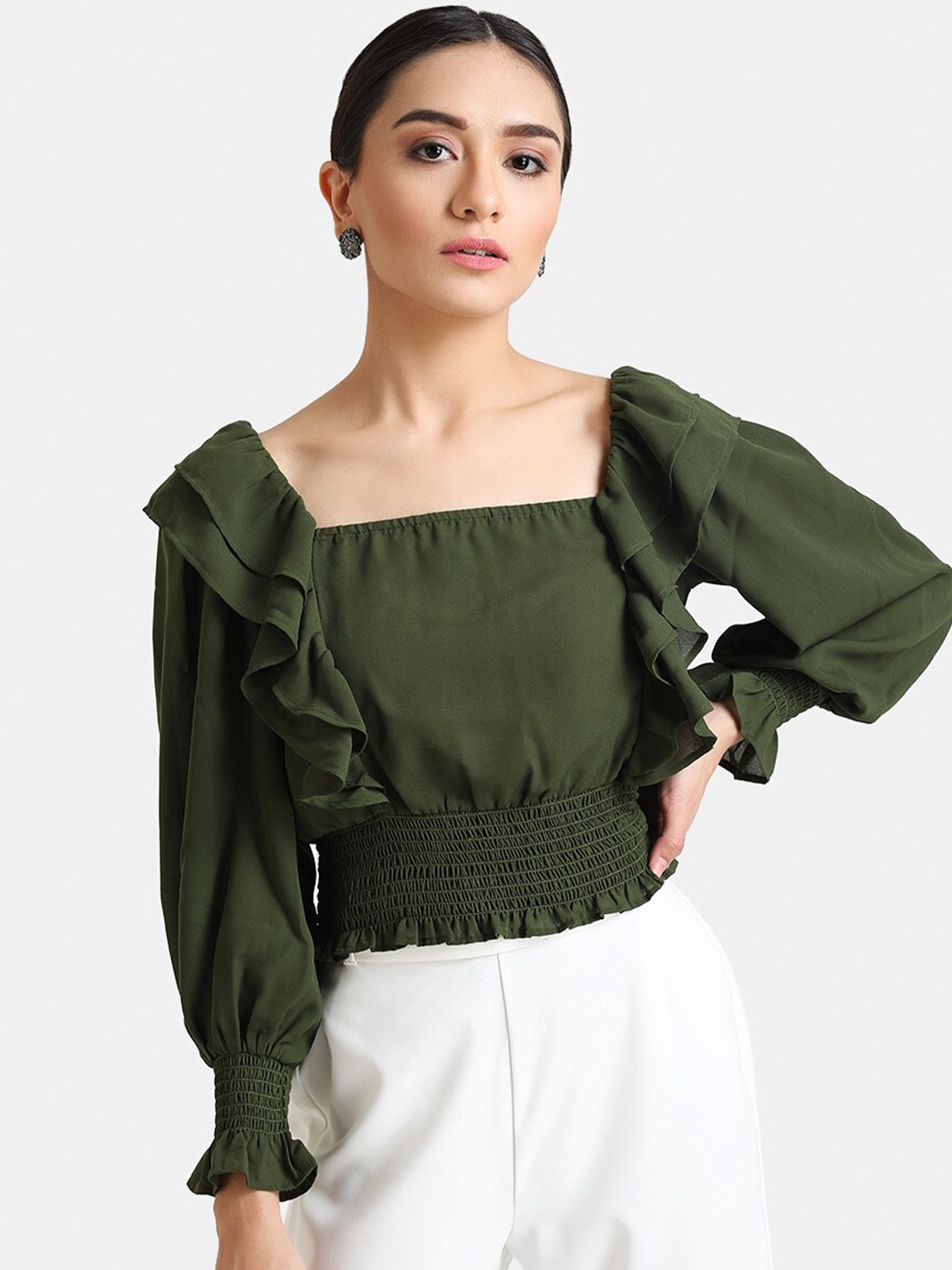 

Kazo Olive Women Green Puff Sleeve Crop Blouson Top