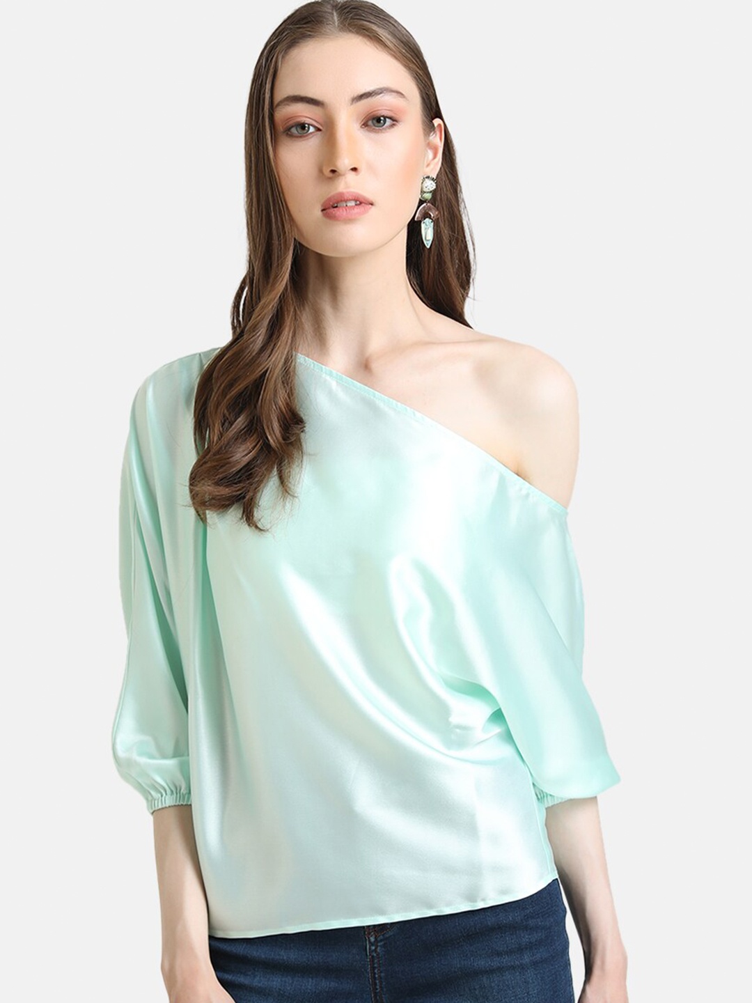 

Kazo Women Sea Green One Shoulder Batwing Sleeve Satin Regular Top