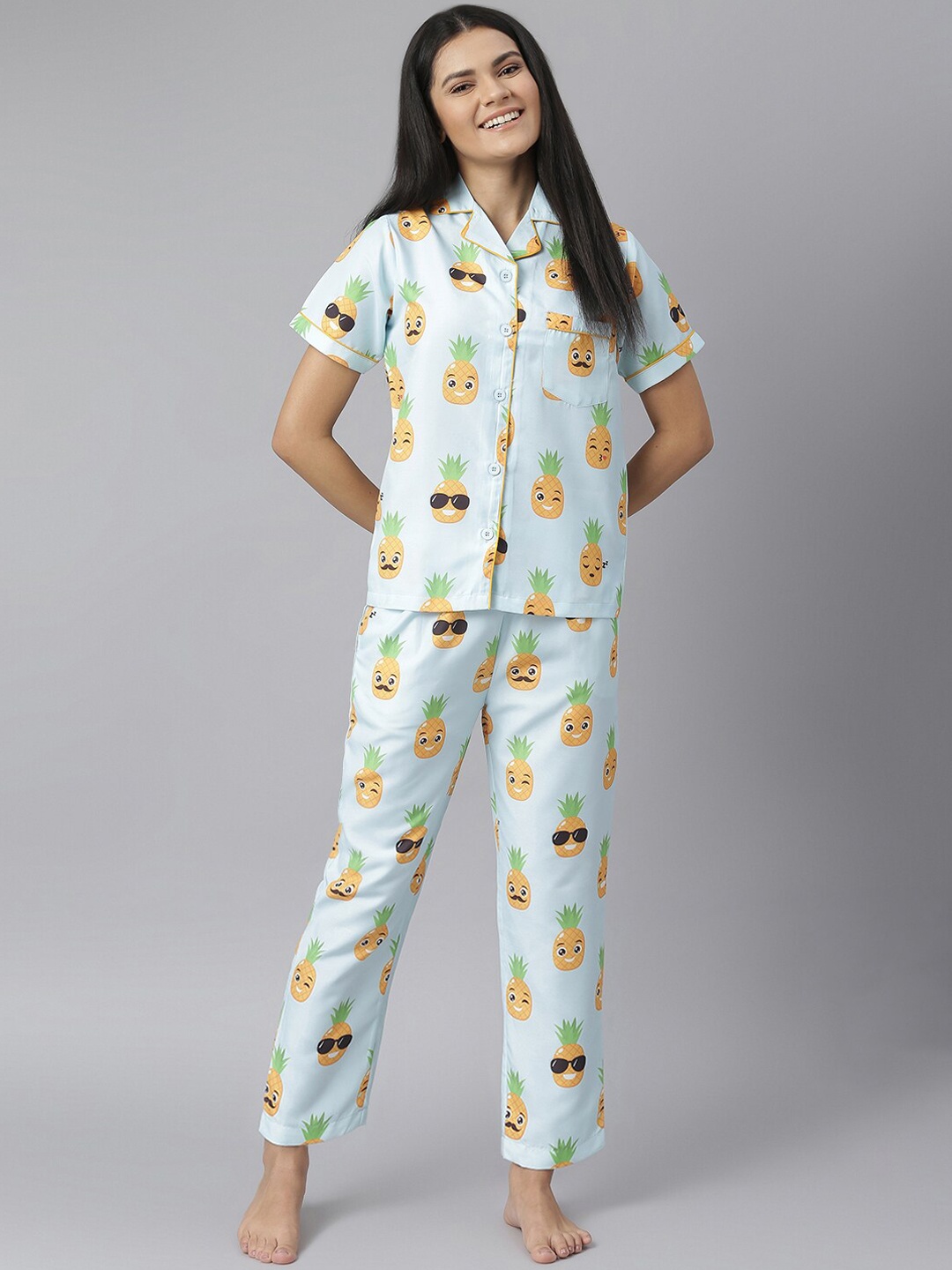 

StyleStone Women Blue & Orange Printed Night Suit Set Of 2