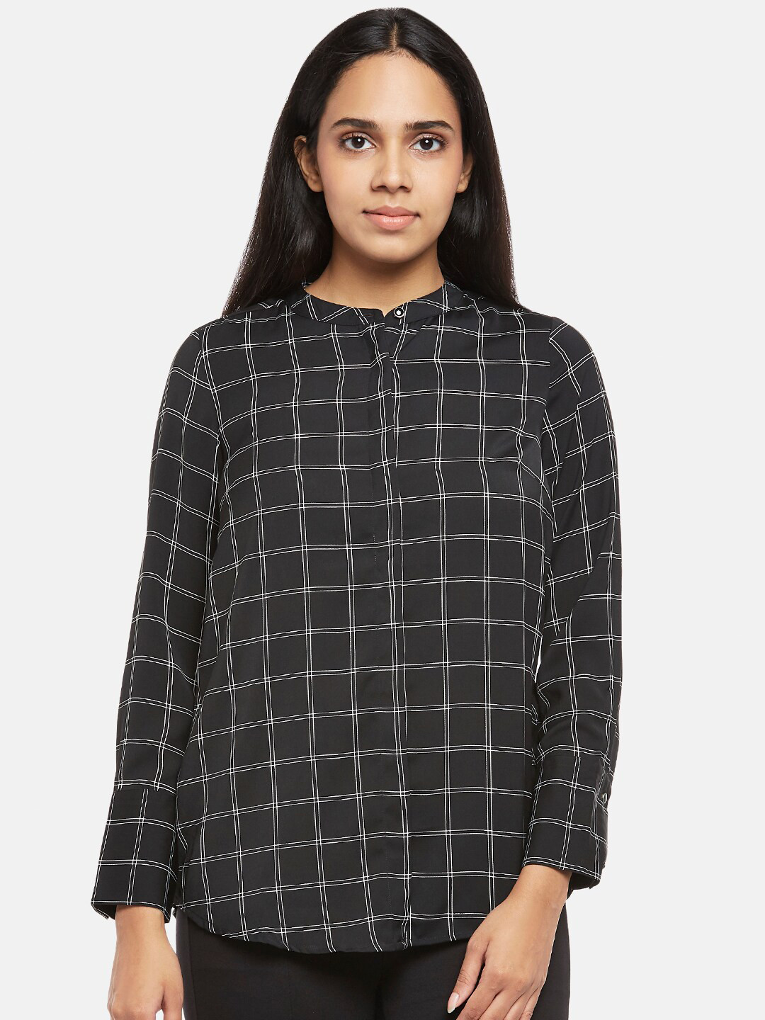 

Annabelle by Pantaloons Black Checked Mandarin Collar Shirt Style Top