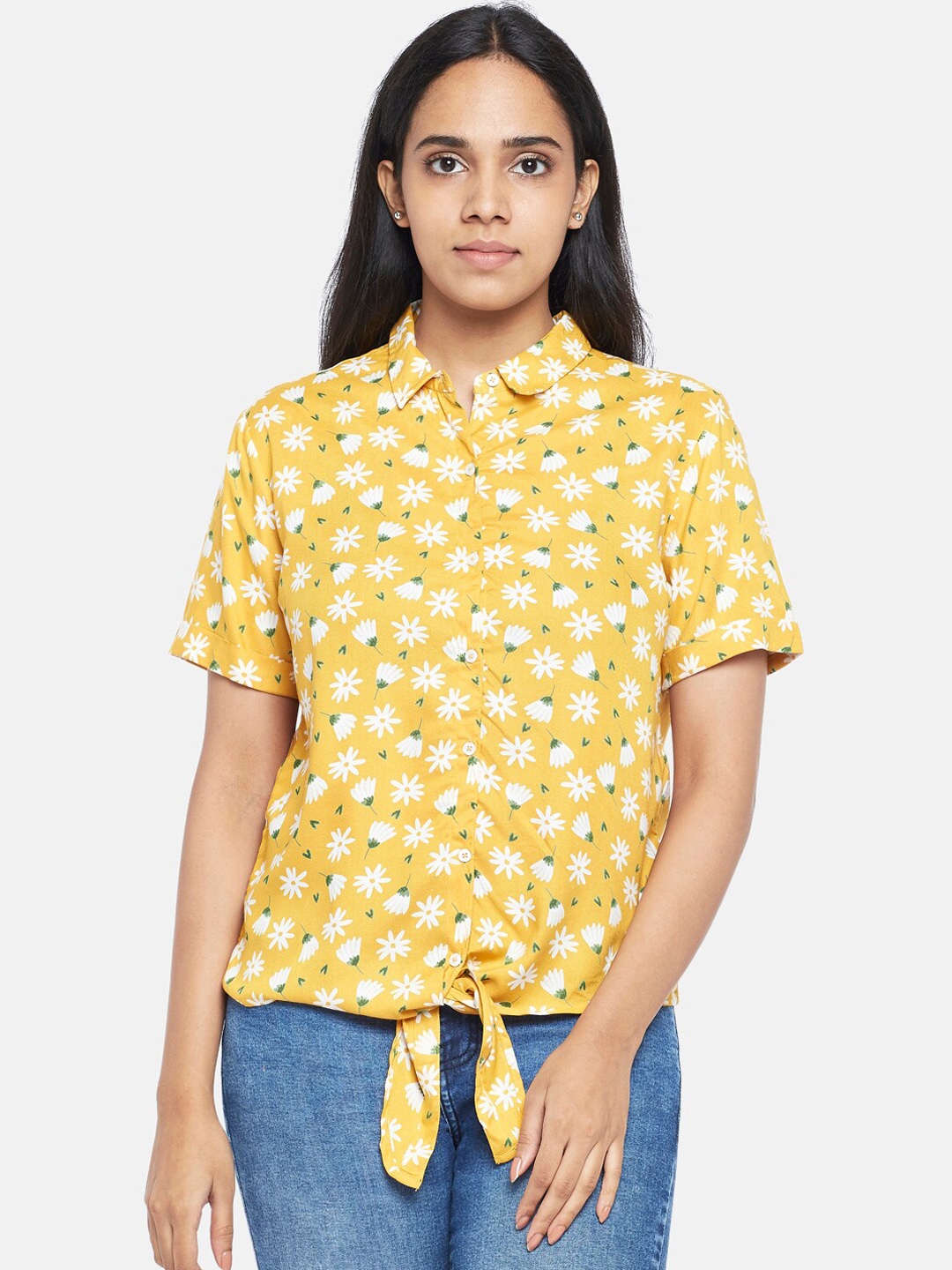 

People Women Yellow & White Floral Printed Casual Shirt