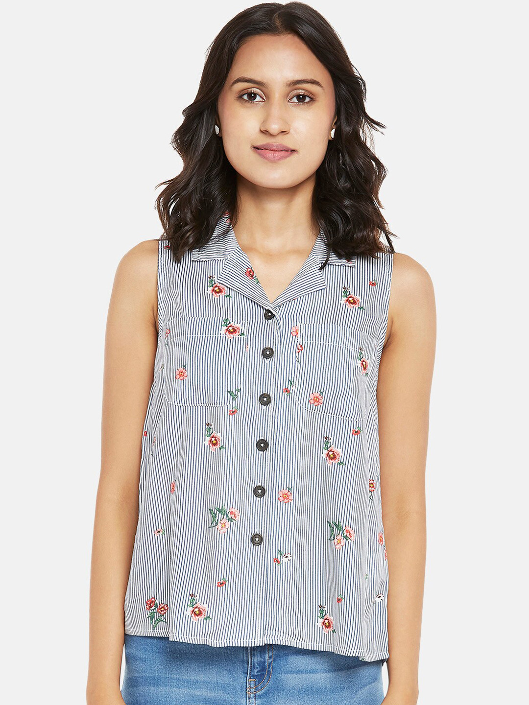 

People Women Navy Blue Floral Printed Sleeveless Casual Shirt