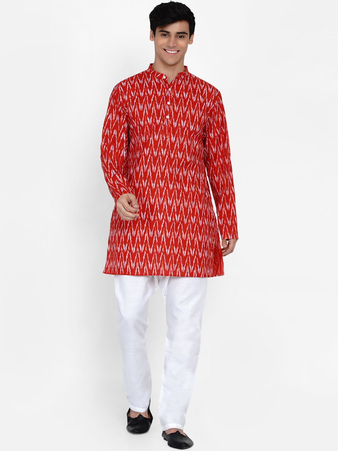 

Baawara By Bhama Men Red & White Ikat Woven Design Kurta with Pyjamas