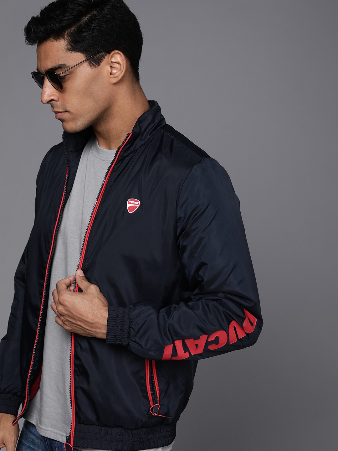 

Ducati Men Navy Blue & Red Printed Sporty Jacket