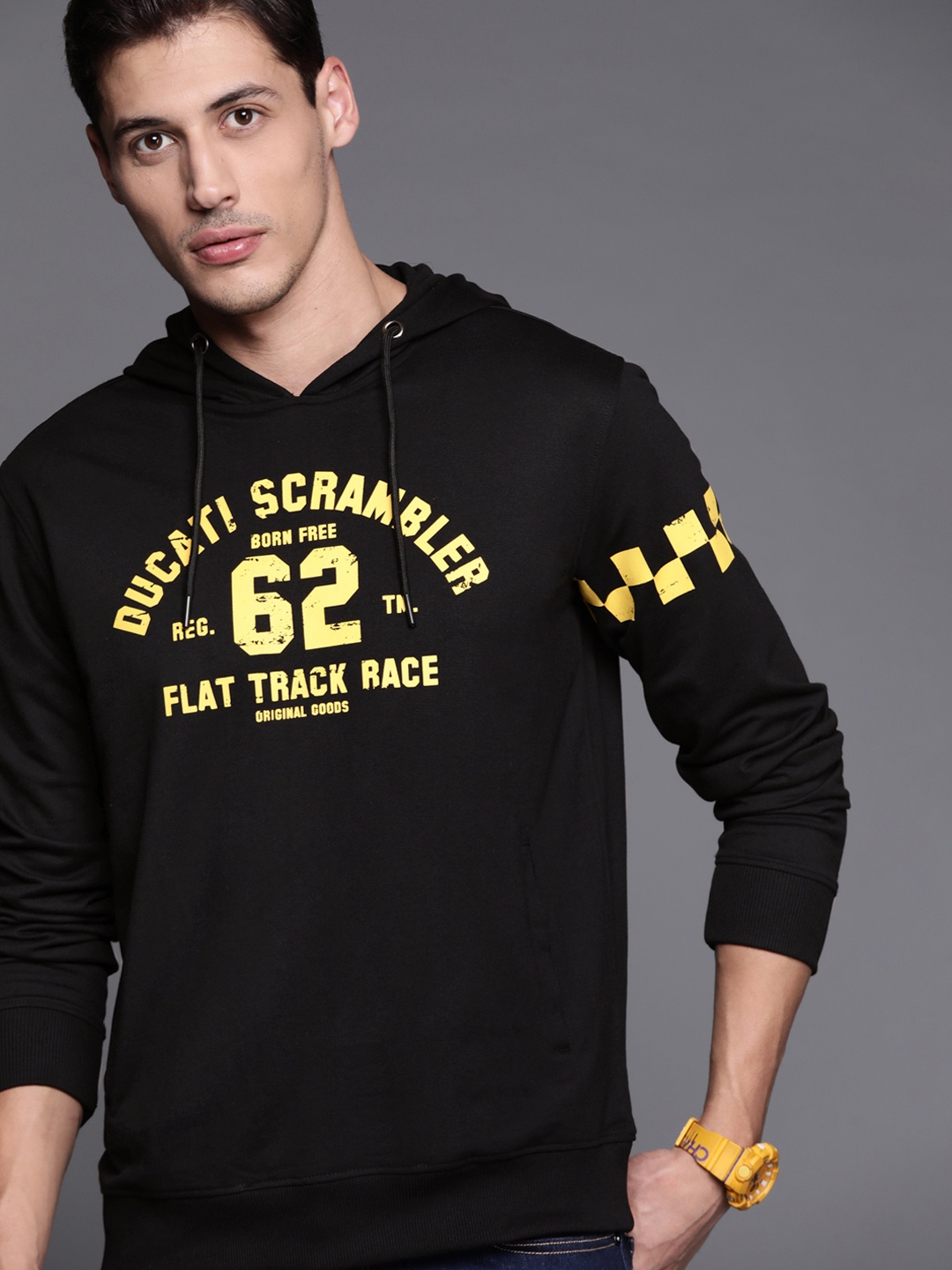 

Ducati Scrambler Men Black & Yellow Printed Hooded Sweatshirt