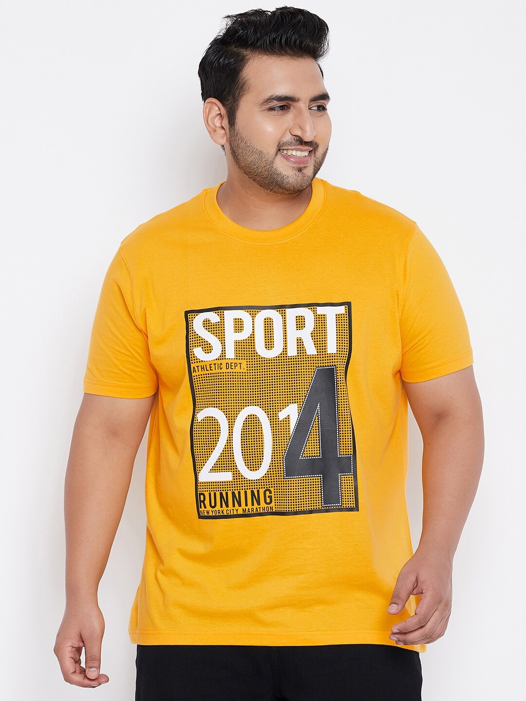 

bigbanana Men Plus Size Yellow Typography Printed Pure Cotton T-shirt