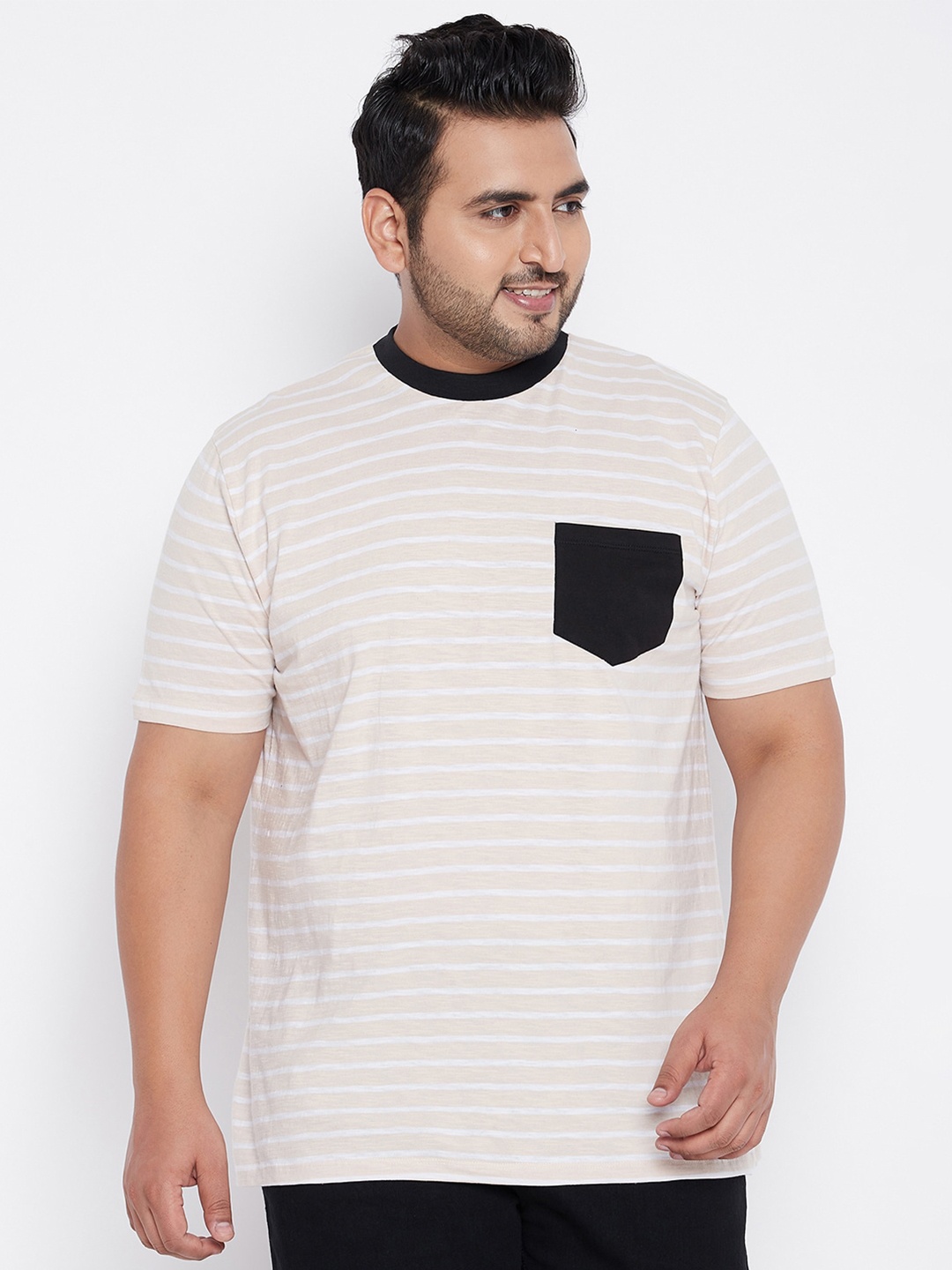 

bigbanana Men Beige Striped Pure Cotton T-shirt