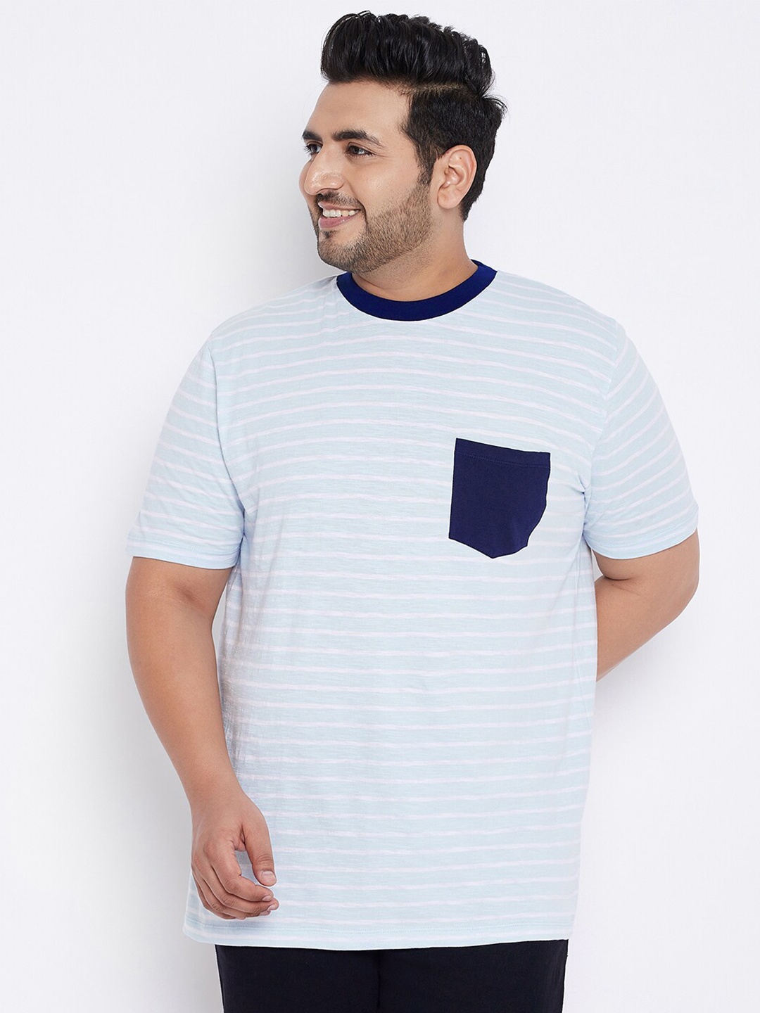 

bigbanana Men Blue White Striped Pure Cotton Plus Size Pure Cotton T-shirt