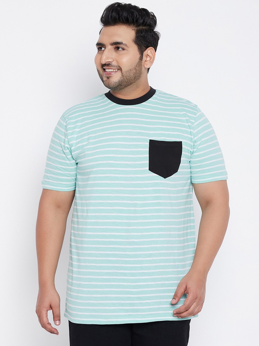 

bigbanana Men Sea Green Striped Cotton Pure Cotton T-shirt