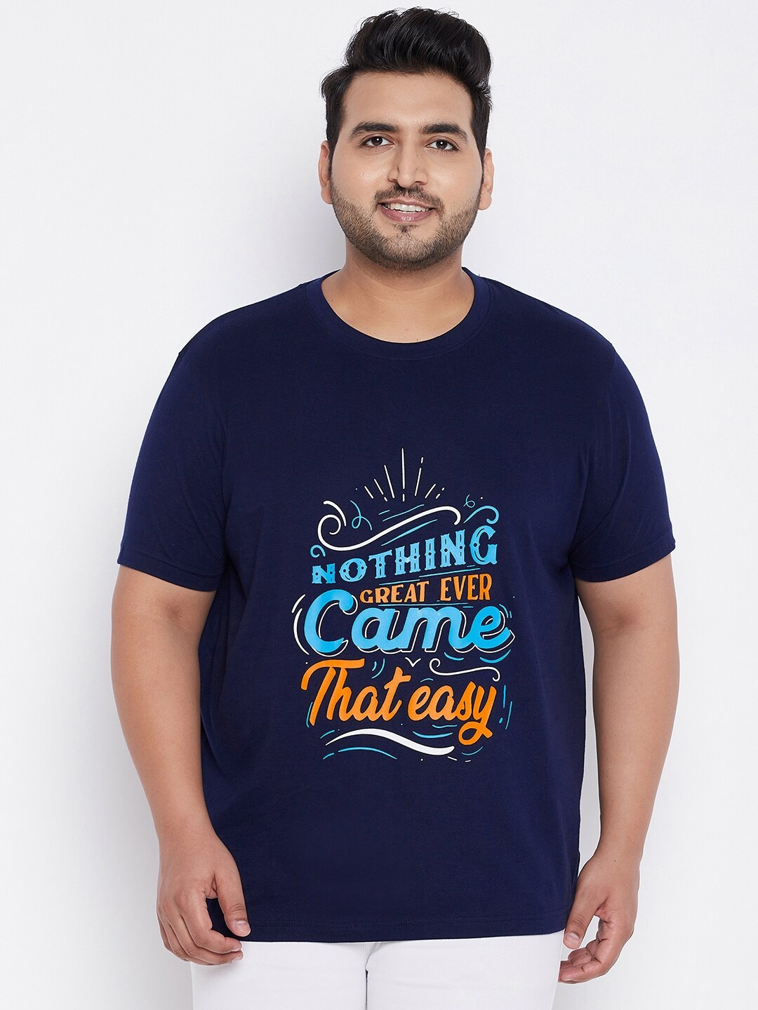 

bigbanana Men Plus Size Navy Blue Typography Printed Pure Cotton T-shirt