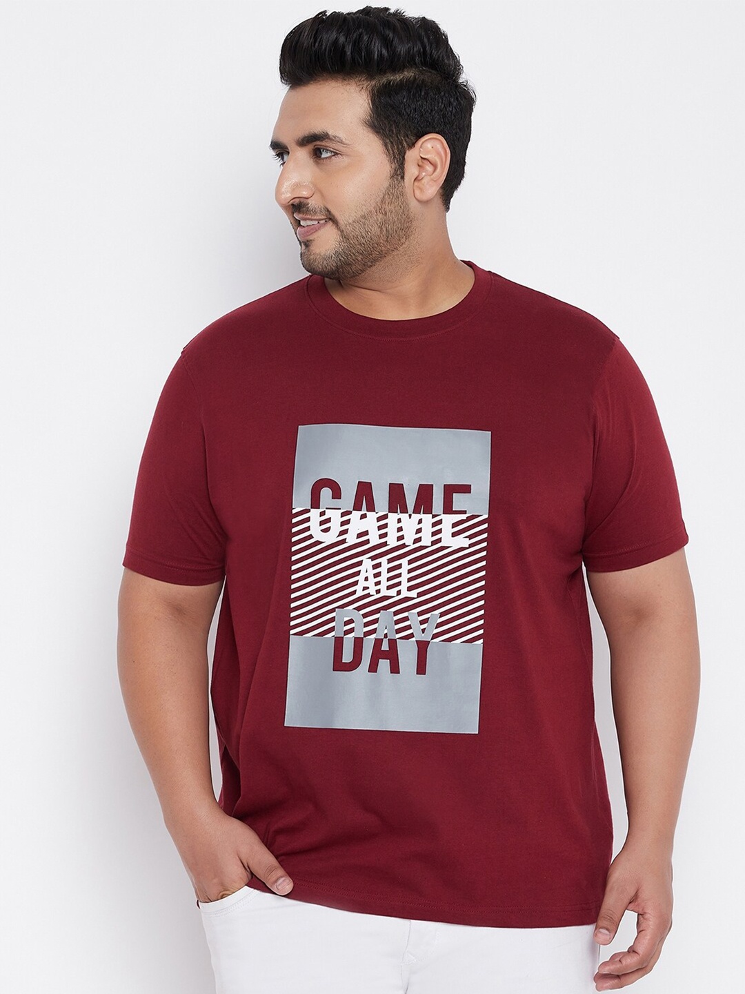 

bigbanana Men Plus Size Maroon Typography Printed Pure Cotton T-shirt