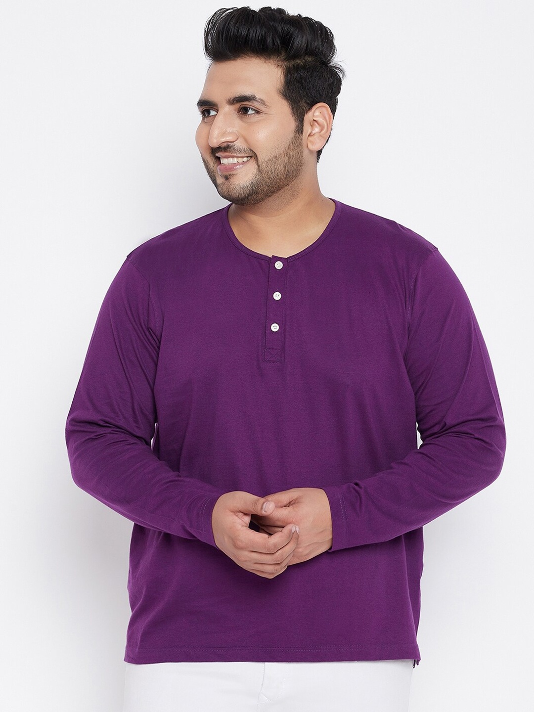 

bigbanana Men Plus Size Purple Henley Neck Pure Cotton T-shirt