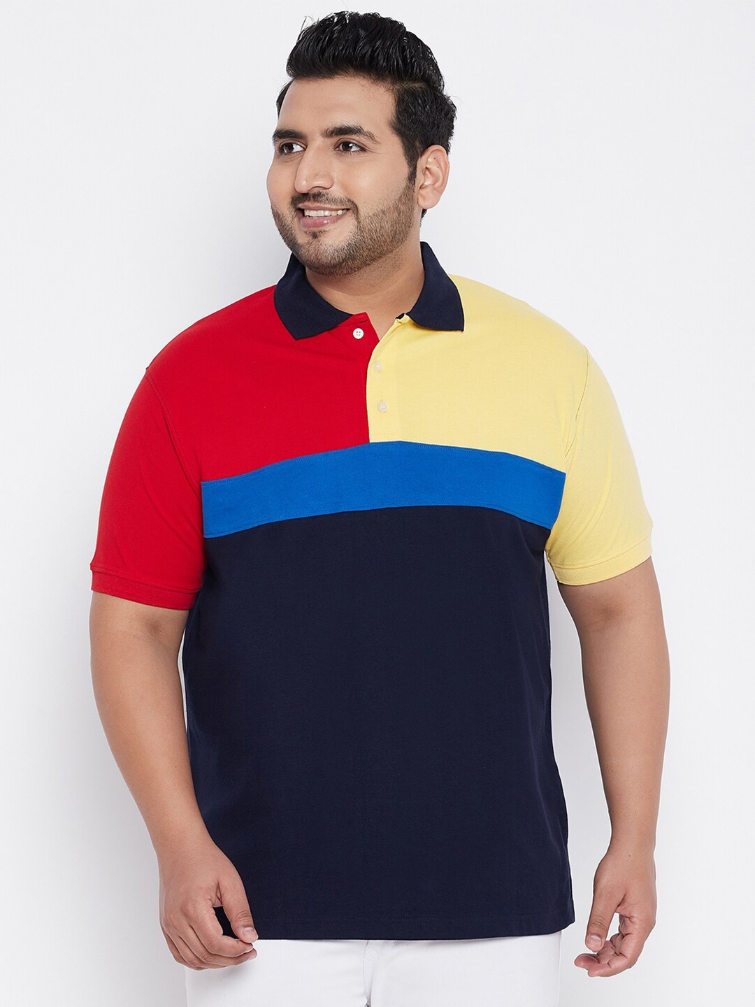 

bigbanana Men Plus Size Blue Yellow Colourblocked Polo Collar Pure Cotton T-shirt