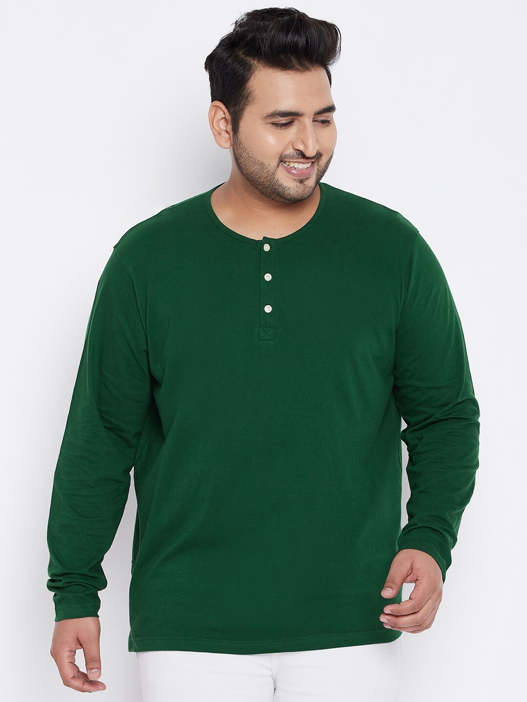 

bigbanana Men Plus Size Green Henley Neck Cotton Pure Cotton T-shirt