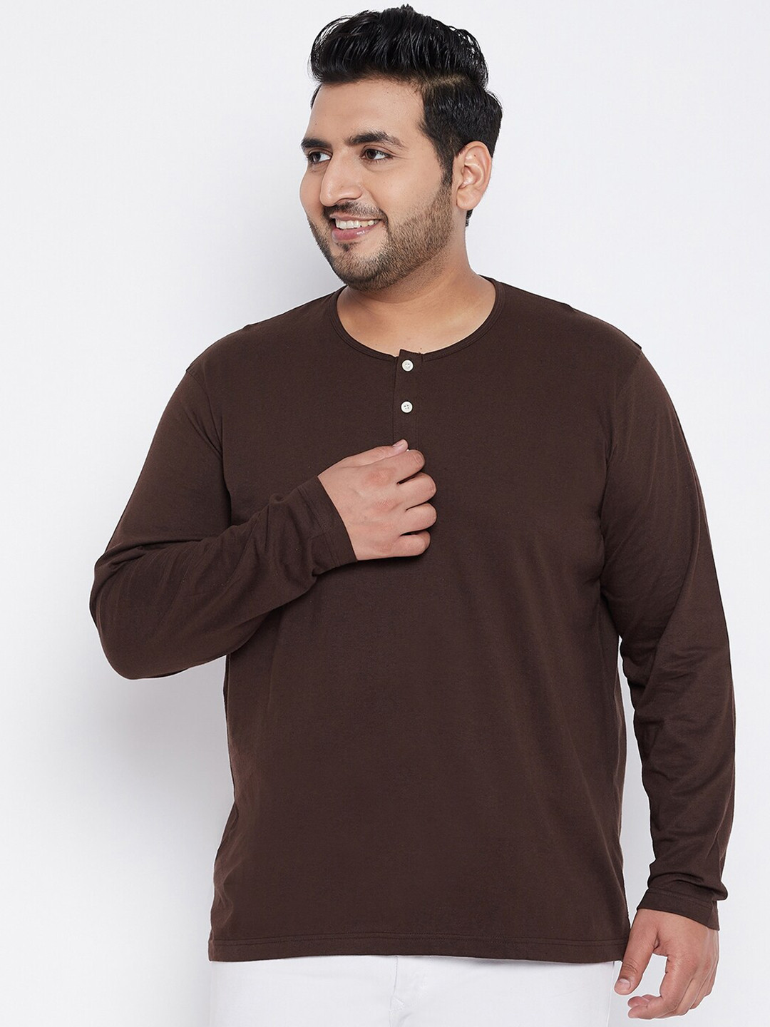 

bigbanana Men Plus Size Brown Solid Henley Neck Pure Cotton T-shirt