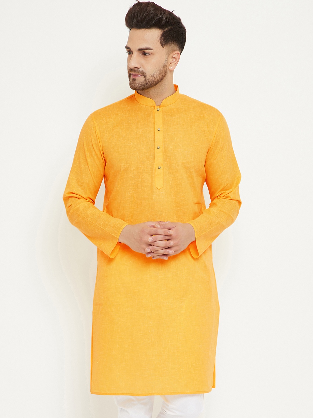 

VASTRAMAY Men Yellow Cotton Blend Straight Kurta