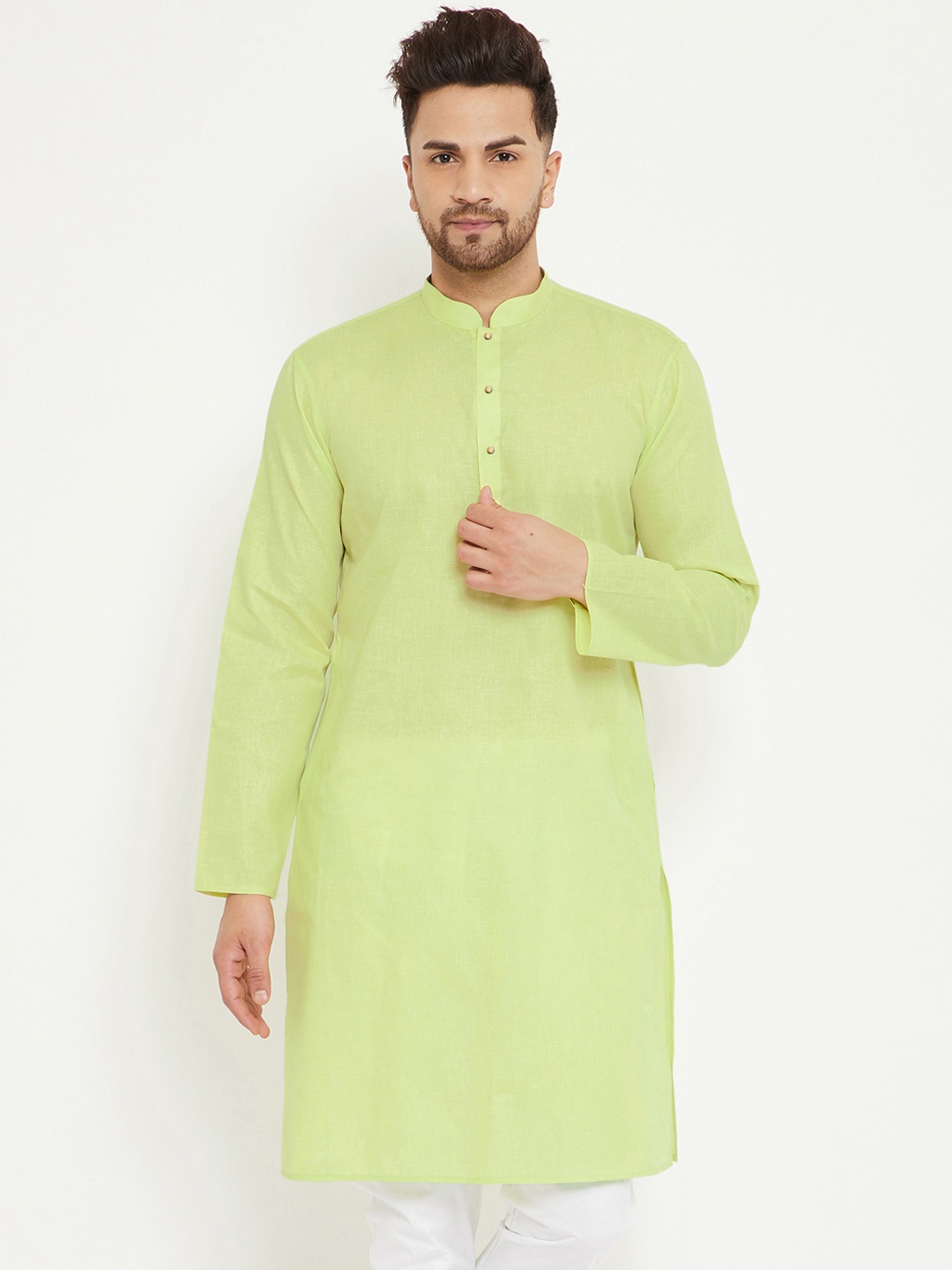 

VASTRAMAY Men Green Cotton Blend Straight Kurta