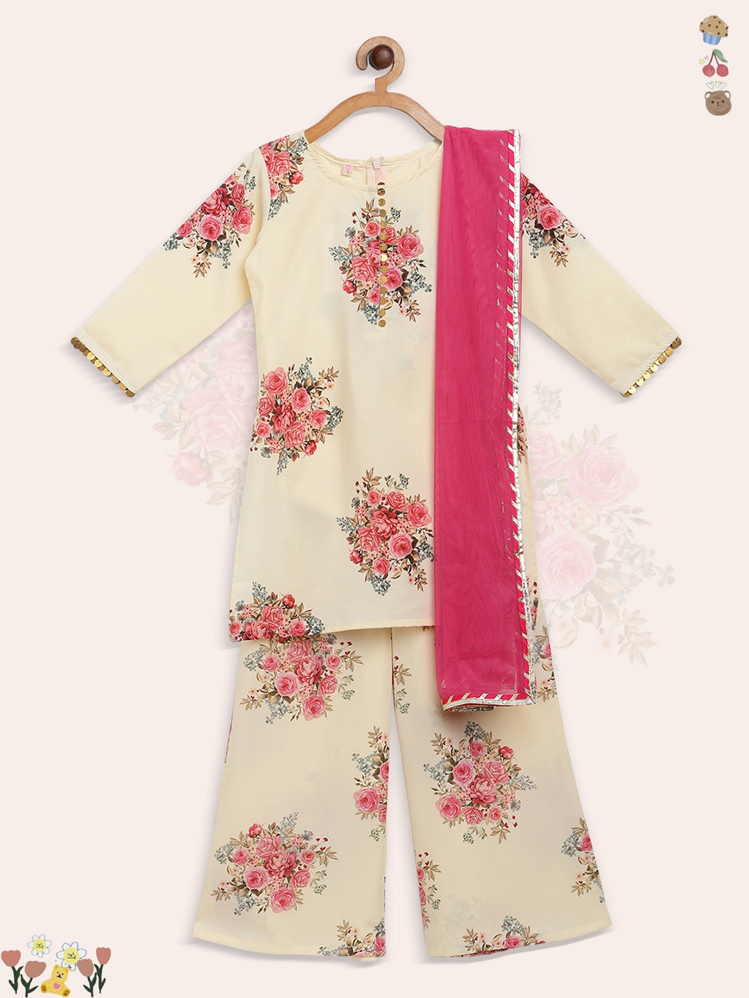 

Ahalyaa Girls Off White & Pink Floral Printed Kurta with Palazzos & With Dupatta