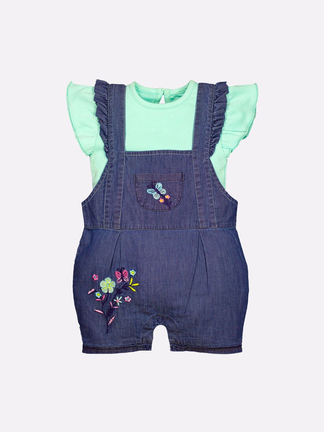 

BABY GO Girls Blue & Green Cotton Dungarees