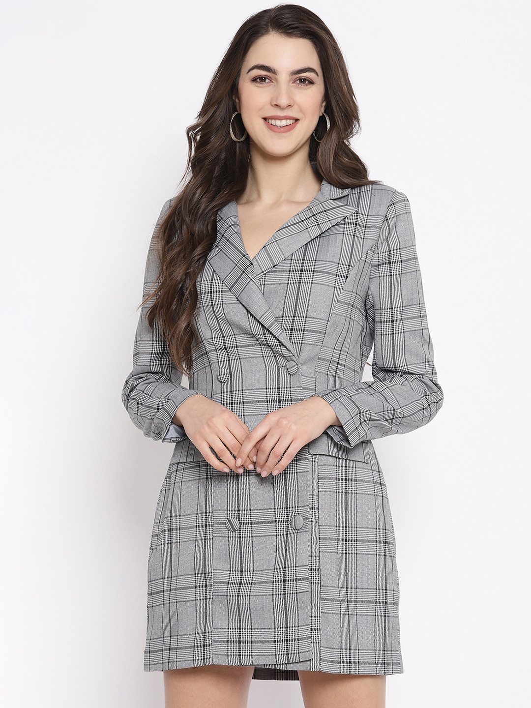 

iki chic Women Grey Checked Double Breasted Blazer Dress